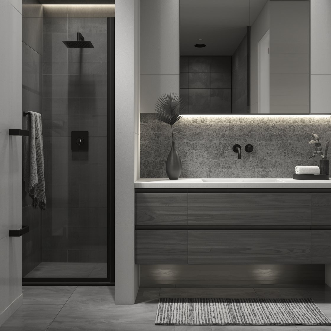 Detail closeup of tonal textures: ash wood vanity front paired with cloudy gray zellige tile backsplash behind the sink, deeper graphite tile floor visible at the edge. Matte black fixtures providing crisp contrast. A slim black-framed medicine cabinet above for subtle storage. Off to the side, hint of a walk-in shower with gray-tinted glass and matte black rain head, softly blurred. Concealed undercabinet LED strip casting a gentle wash, plus a tiny black ceiling spot creating subtle highlights. Soft gray Turkish towels and a charcoal cotton bath mat; a minimal ceramic vase with a single dried palm frond. Monochrome calm, photorealistic.