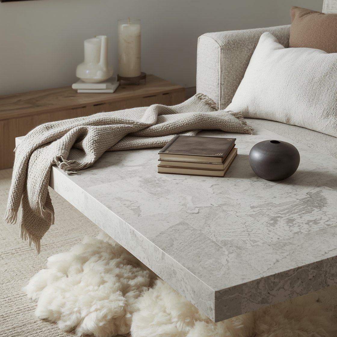 Detail closeup, overhead shot: Stone cottage minimalism tableau on a monolithic travertine coffee table with softly rounded corners. A folded flame-stitch throw partially draped nearby, pale wool rug like clouds beneath, edge visible. A small stack of vintage linen-bound books, a black clay vessel with a matte finish, and the edge of an ivory bouclé sofa cushion showing nubby texture. In the blurred background, limewash walls in pale stone gray and a hint of a raw oak detail. Accent tones of flint, putty, and bone; forged iron curtain rod and tapered beeswax candles subtly implied. Photorealistic, soft diffused daylight.