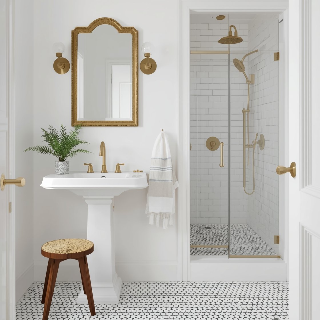 Detail closeup, sink wall: Classic bathroom with black-and-white penny tile floor partly visible; pedestal sink with clean lines; a gilded vintage mirror above, flanked by sleek tubular sconces; frameless glass shower with white subway tile to the ceiling in background; unlacquered brass hardware, teak bath stool, striped Turkish towels on a hook; small fern in a ceramic pot; bright, clean daylight, photorealistic.