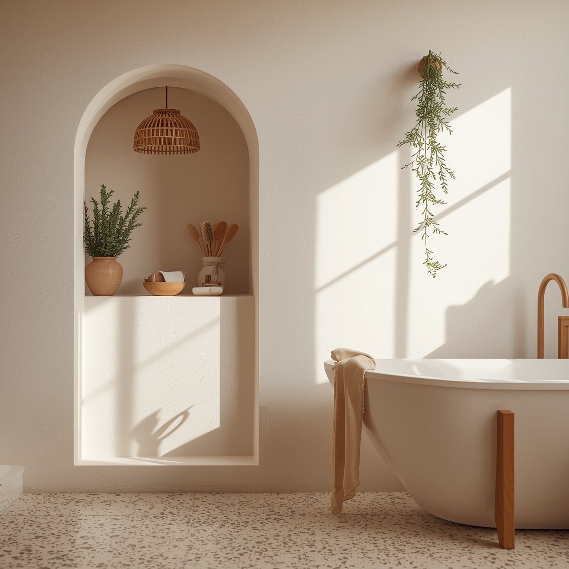Detail closeup, Sunlit Mediterranean Minimal: A sunlit vignette of pale matte terracotta limewash wall showing subtle brush texture beside a sandy terrazzo floor with tiny blush chips; a rounded-edge bleached ash vanity on slender legs with a soft oval vessel sink, unlacquered brass faucet developing a gentle patina; in the background, a shallow arched niche above the tub holding olive-wood brushes and linen-wrapped soaps; woven raffia sconce shade casting warm natural light; trailing rosemary in a clay pot on a windowsill; breezy Mediterranean minimal mood.