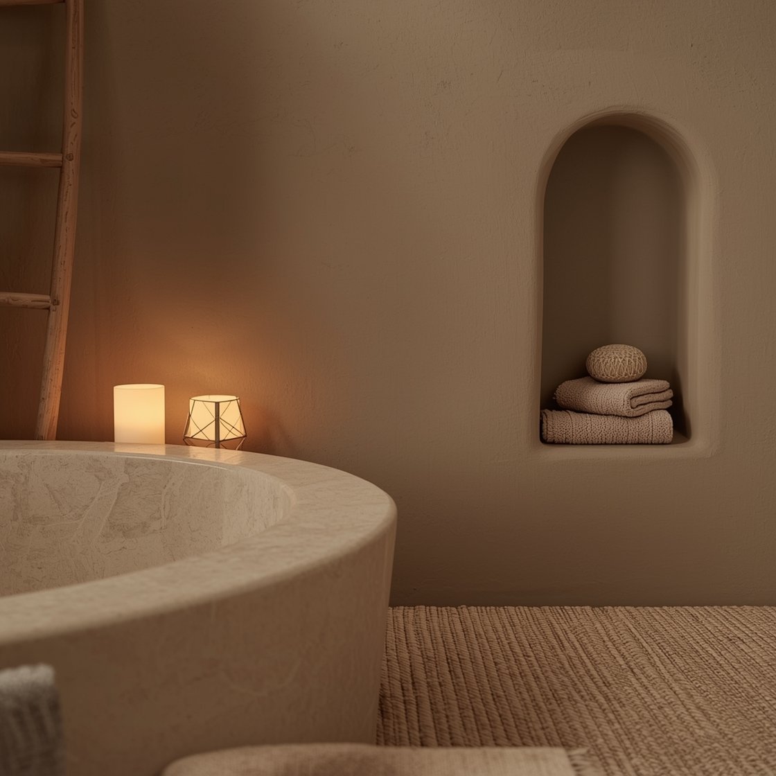 Detail closeup: tatami serenity zone showing a taupe lime-plaster wall meeting a creamy oval stone tub rim, a tatami-style mat (water-safe woven look) framing the stepping area, two softly glowing paper lanterns out of focus, a beechwood ladder holding neutral towels, and a narrow niche with stacked pumice stones; tones of sand, oat, bone; soft silver fixtures barely visible; hushed evening ambience.