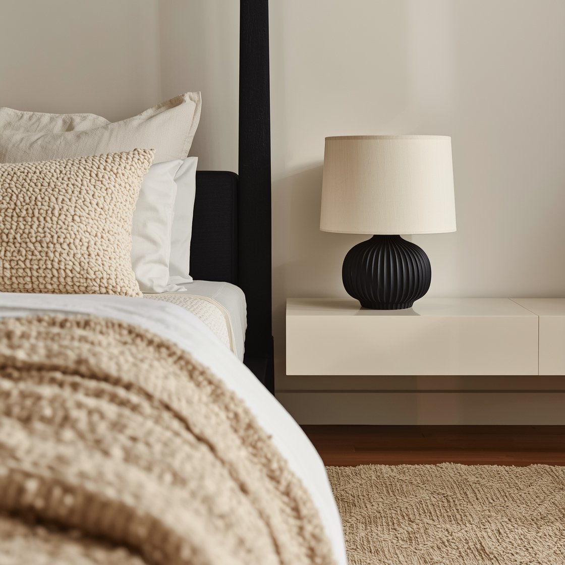 Detail closeup — Textured Minimalist Sanctuary: Focus on tactile contrast beside a sculptural black canopy bed with thin architectural posts. Bouclé cream throw pillows against gallery-cream walls, ribbed ceramic lamp on a floating cream lacquer ledge nightstand. A layered wool-and-sisal rug beneath, with a single matte black ceramic vessel on a dresser edge in frame. Soft directional light emphasizing textures, shallow depth of field.