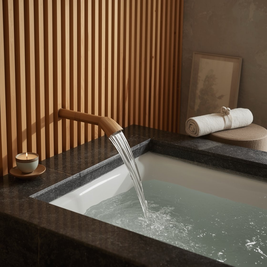 Detail closeup, waterfall edge: a tuchi-kakei bamboo spout pouring a gentle stream into a rectangular tub, creating a soft waterfall lip; surrounding charcoal slate ledges with a candle and a ceramic tea cup; vertical cedar slats on the wall casting striped shadows, a round stone stool nearby, rolled linen headrest at the tub edge, a framed paper fan on wood; tranquil, focused lighting.