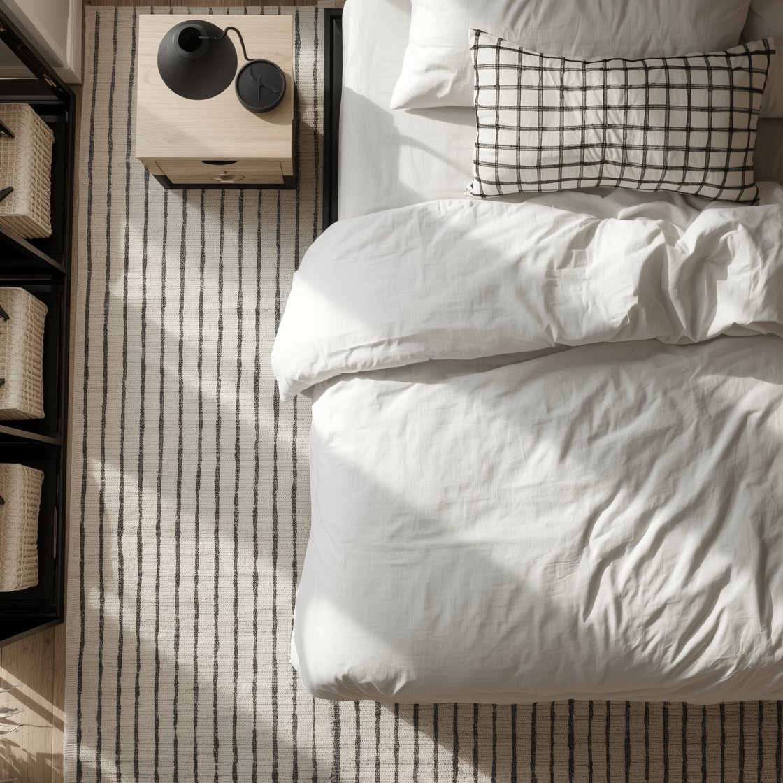 Detail/overhead shot — Scandinavian Calm with Graphic Punch: Top-down view of the bed corner on a cream rug with thin black pinstripes. Crisp cream bedding on a clean-lined black wood platform bed, a striped black-and-cream lumbar and a folded grid-pattern throw. Beside the bed: a pale wood stool nightstand with a petite black lamp and a minimal matte black clock. Hint of black metal open shelving with woven cream bins at frame edge. Bright daylight, soft shadows.