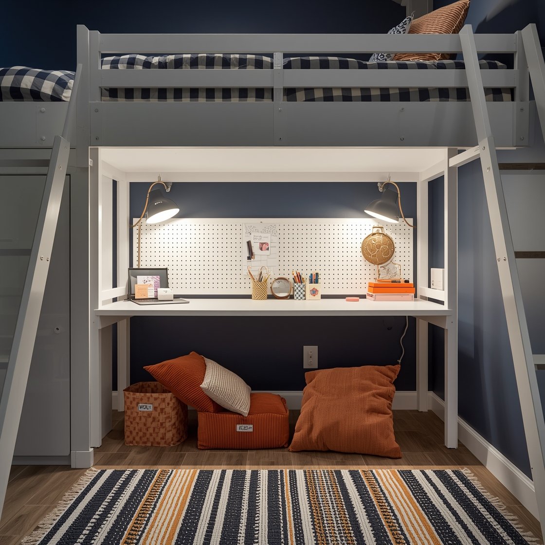 Detail shot at desk level under a lofted bunk: ink blue walls, white furniture, two flip-down desks with pegboard storage holding supplies, clip-on lamps casting focused task light; nearby platform reveals a low-profile trundle edge; checkerboard navy-and-white bedding glimpsed above; pops of citrus orange in accessories and corduroy floor cushions clustered on a flatweave striped rug; labeled bins under the platform; oversized cork board on the feature wall pinned with art; energetic, organized tween vibe.