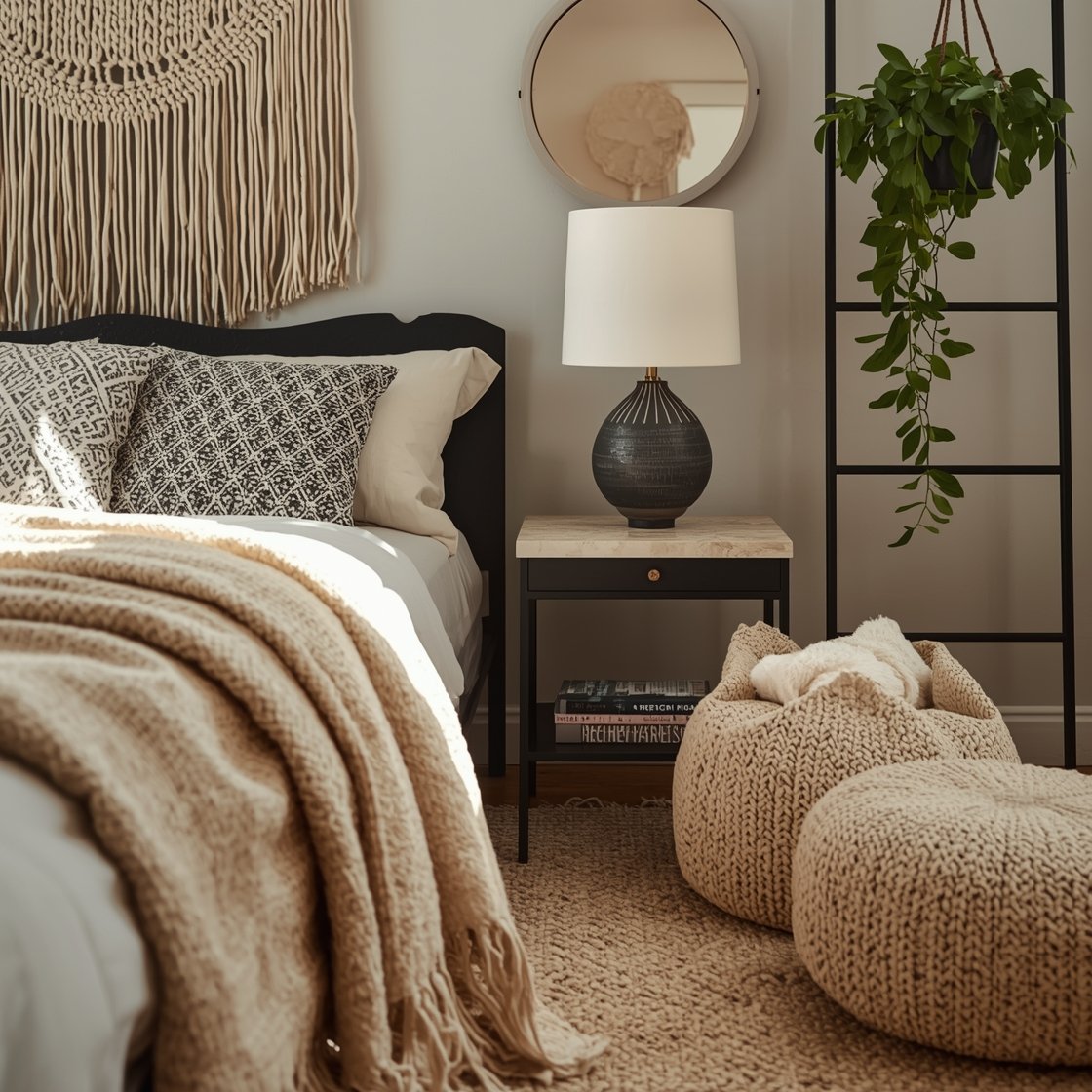 Detail vignette — Contemporary Boho in Ink and Ecru: Closeup of a low black wood bed layered with an ecru duvet, block-printed black-and-cream pillows, and a handwoven throw with visible fibers. Beside it, a black metal nightstand with a stone top holds a ceramic table lamp with a sandy finish. Background touches: a macramé-inspired cream wall hanging, a hand-knotted soft cream rug, a black sculptural mirror edge, cream poufs near a black ladder shelf, and cascading pothos in a black hanging planter. Warm, natural light highlighting textures.