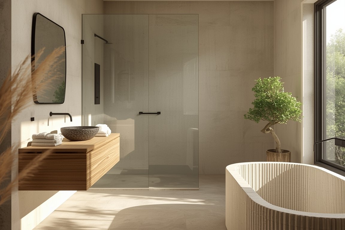 Japandi-style Bathroom Ideas: Modern Natural Bathroom With Wooden Vanity & Black Fixtures
