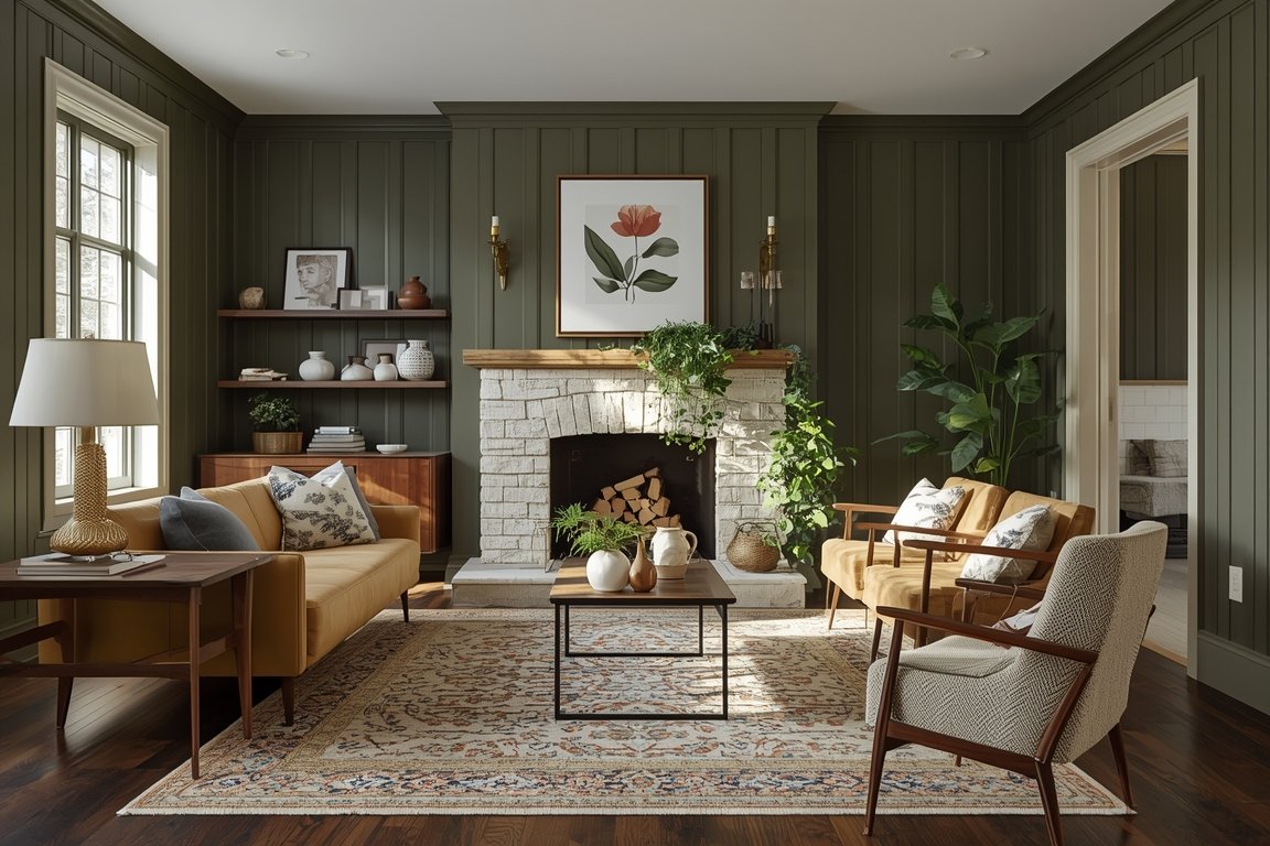 Living Room With Character: Cottagecore Meets Moody Mid Century Magic