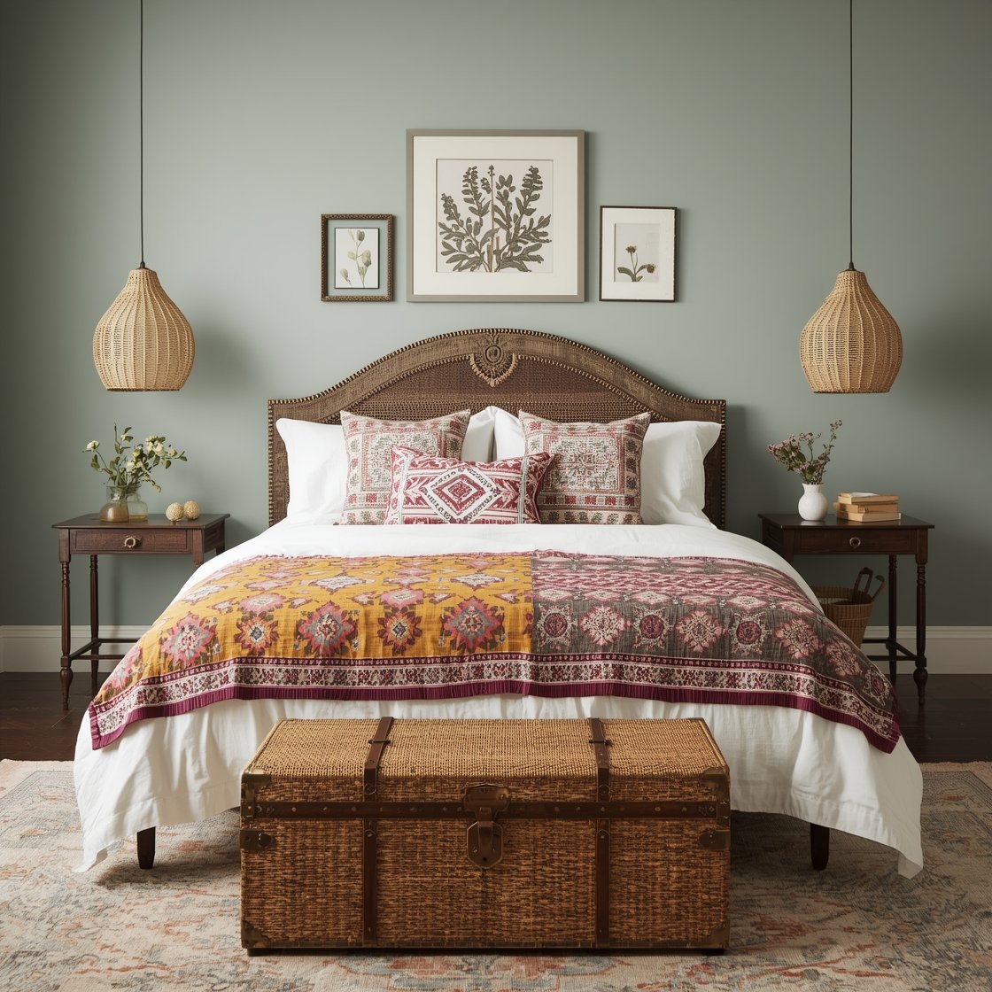 Medium bedroom vignette, close-to-straight-on: Boho heritage guest room featuring a carved antique headboard against chalky sage walls; crisp white bedding with block-printed pillows and a marigold-and-plum kantha quilt; mixed metal-and-wood nightstands; rattan pendants above; faded kilim rug; thrifted frame cluster with botanical prints; woven trunk at the foot of the bed; cozy natural light, photorealistic.
