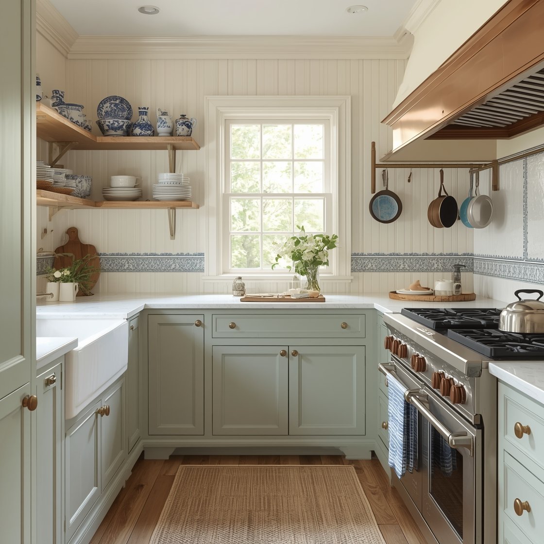 Medium corner angle of a Cottage Kitchen: soft sage cabinets with antique brass knobs; skirted farmhouse sink in ticking stripe; open shelves holding blue-and-white transferware and hand-thrown mugs; copper pot rail above the range with hanging pots; washable braided rug underfoot; cane-seat counter chairs with bow details; creamy beadboard backsplash (with optional Delft-blue hand-painted tiles accent strip); color story of sage, cream, celery, and hints of robin’s-egg blue; matte black faucet and a sleek induction cooktop for contrast; bright, natural morning light reflecting off copper; photorealistic, no people.