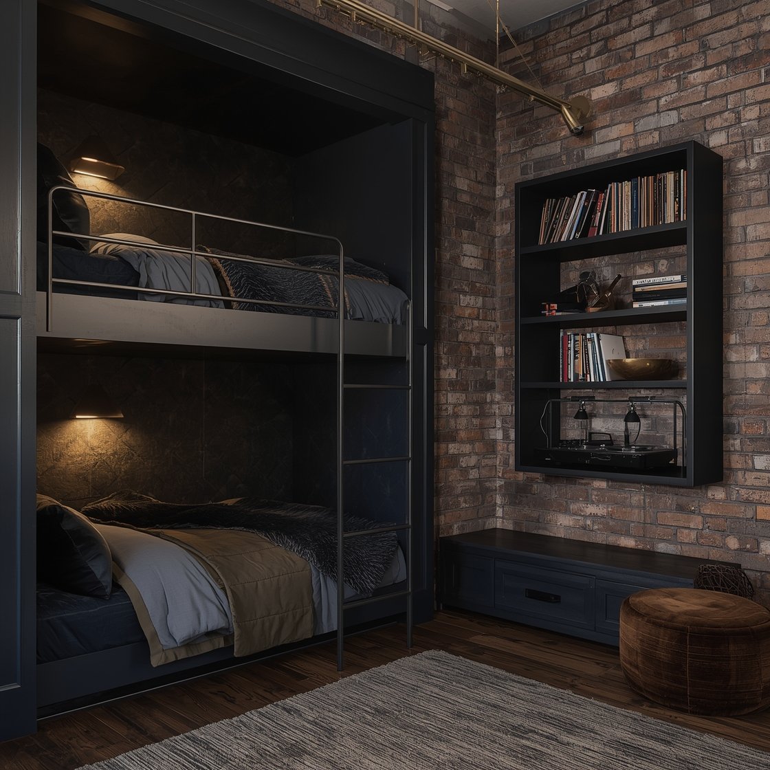 Medium corner angle, Urban Loft Luxe: Graphite built-in bunks with slim steel guardrails and integrated ladders set against an exposed-brick accent wall, layered moody textures like charcoal velvet pillows and cognac leather straps on reading lights; palette of charcoal, tan, inky blue, and espresso wood; pivoting brass sconces inside each bunk, a statement linear chandelier overhead, and a built-in niche with a low-profile soundbar and floating shelves holding vinyl records and books; evening ambient glow, photorealistic.