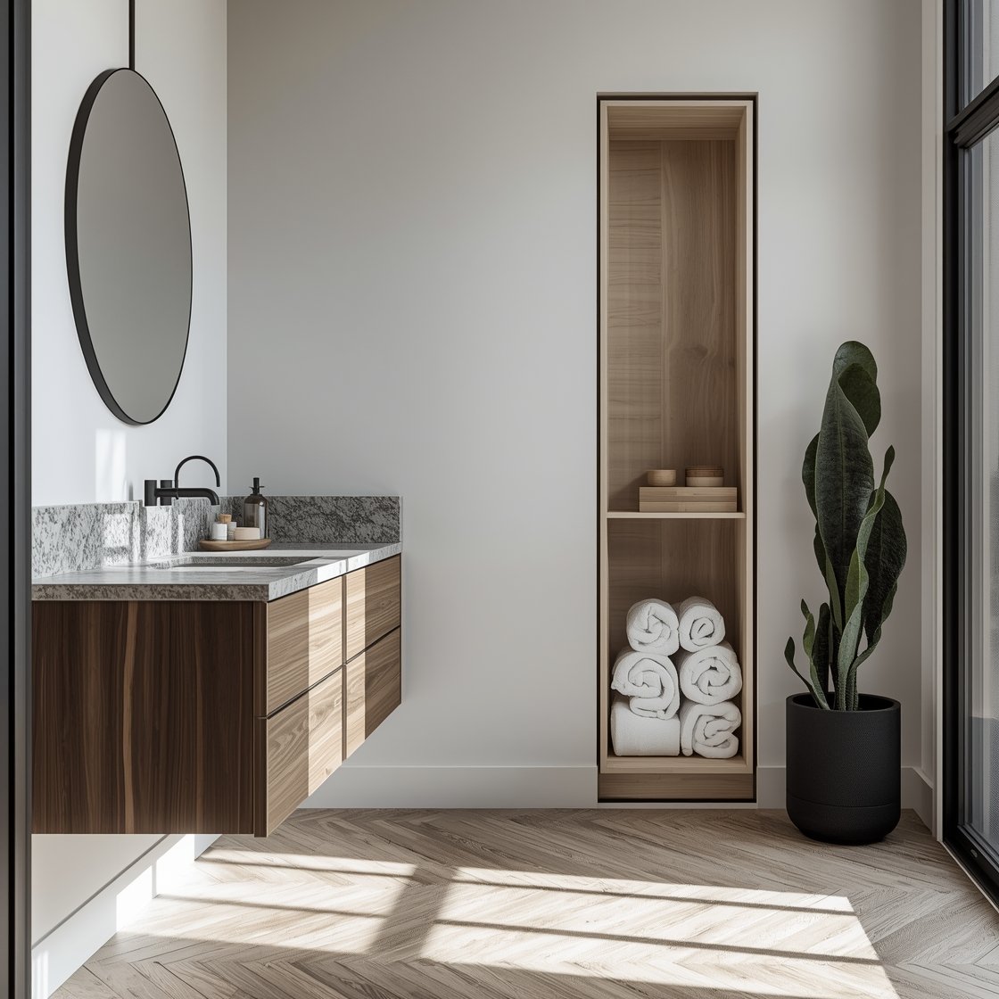 Medium corner shot emphasizing contrast: a shou sugi ban–inspired ash vanity (charcoal-stained wood) topped with a light gray honed stone counter, matte black sculptural fixtures against pale limewashed walls. Ribbed glass partition for the shower filtering light. Floor in light oak herringbone sealed for wet areas. Include a rounded-rectangle mirror with black trim, an open niche with neatly stacked cedar boxes and rolled towels, and a tall, narrow snake plant in a black clay pot. Soft natural lighting, crisp textures, photorealistic.