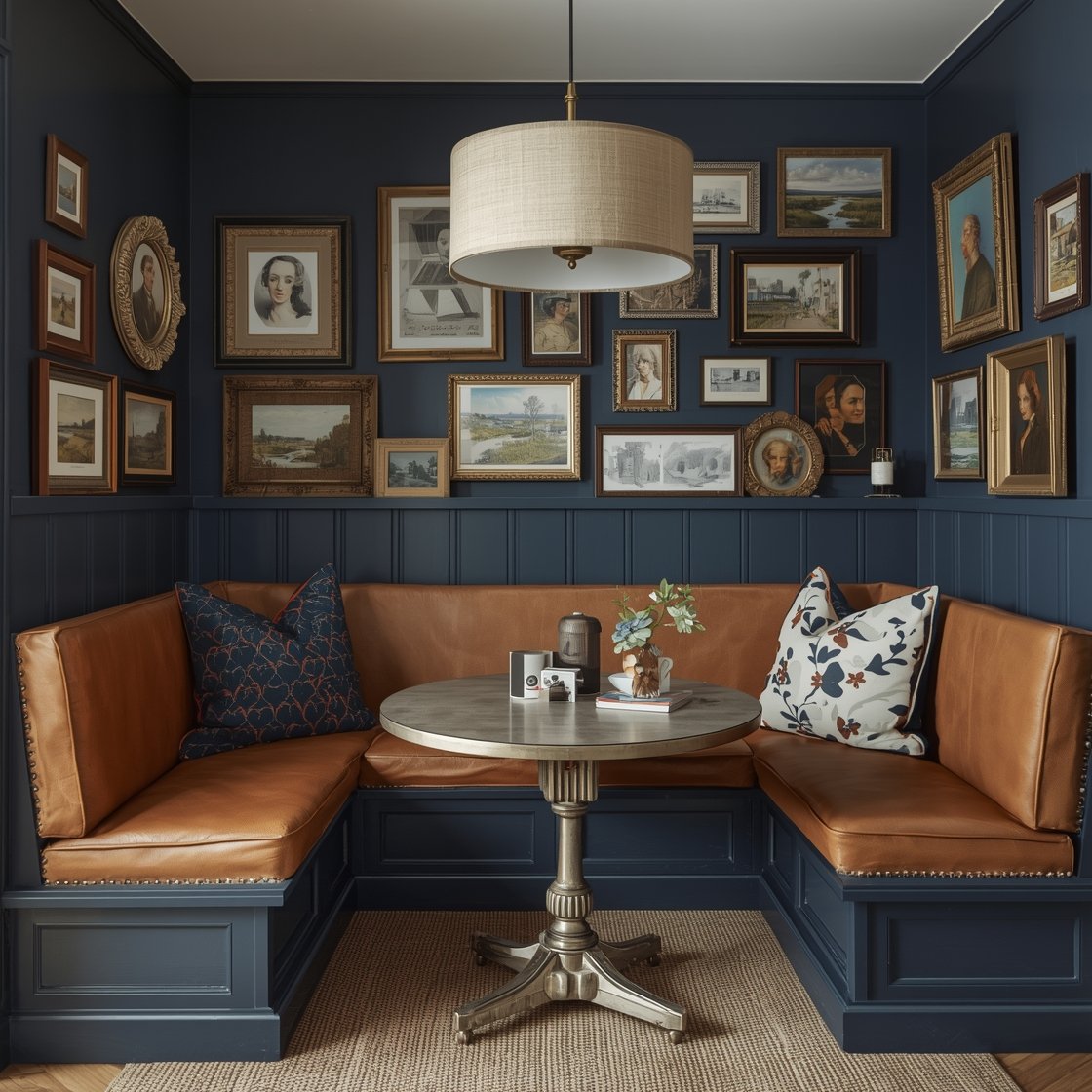 Medium dining nook, corner angle: Eclectic gallery nook painted inky blue with a built-in bench wrapped in caramel leather; round pedestal table; two mismatched vintage chairs; walls filled salon-style with thrifted art—portraits, abstracts, sketches, tiny landscapes; modern linen drum pendant overhead; patterned cushion mix; a small brass lamp on a wall shelf casting evening glow; intimate, photorealistic.