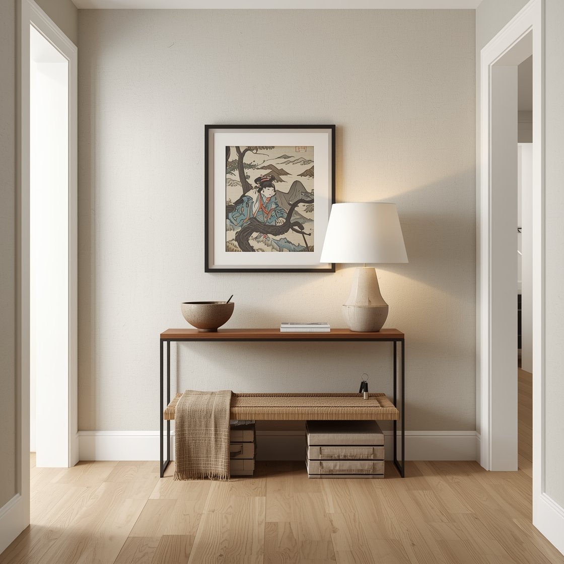 Medium entryway, straight-on: Japandi vintage entry with plaster-look walls, light oak floors, and a slim modern console; antique Japanese ukiyo-e print in a simple black frame above; stone bowl for keys; woven bench with a boucle cushion; vintage ceramic lamp casting a soft glow; tapered mirror and stacked linen-covered boxes; calm, minimal styling with soft natural light, photorealistic.