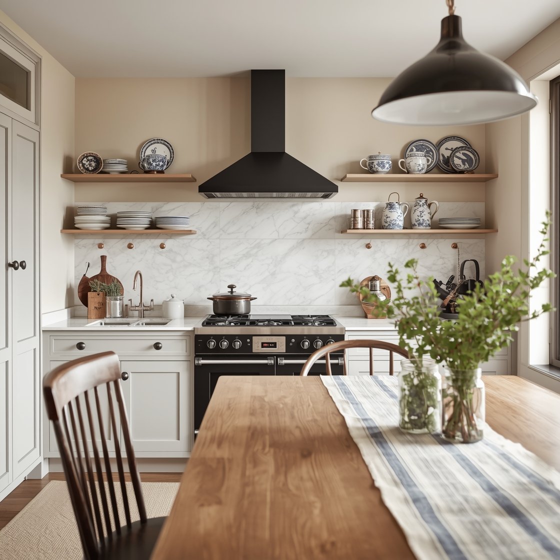 Medium kitchen detail, straight-on: Cottagecore kitchen with Shaker cabinets painted pale mushroom and a creamy quartz slab backsplash; upper storage replaced by plate racks and peg rails displaying copper pots and blue-and-white crockery; clean-lined black range hood; schoolhouse pendants overhead; pine farmhouse table with sculptural wishbone chairs; striped linen runner and jars of fresh herbs by the window; gentle morning light, photorealistic.