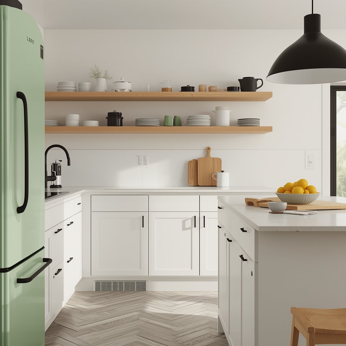 Medium kitchen vignette, three-quarter angle: Bright Scandinavian-meets-retro kitchen with matte white flat-front cabinets, warm oak open shelves, and a soft gray-and-cream checkerboard floor; pistachio-green SMEG-style appliance; black accents—arched faucet, slim cabinet pulls, and a modern cone pendant over the island; simple quartz or soapstone counters; displayed vintage enamelware, wooden chopping boards, and a bowl of lemons for color pop; crisp daylight, photorealistic.