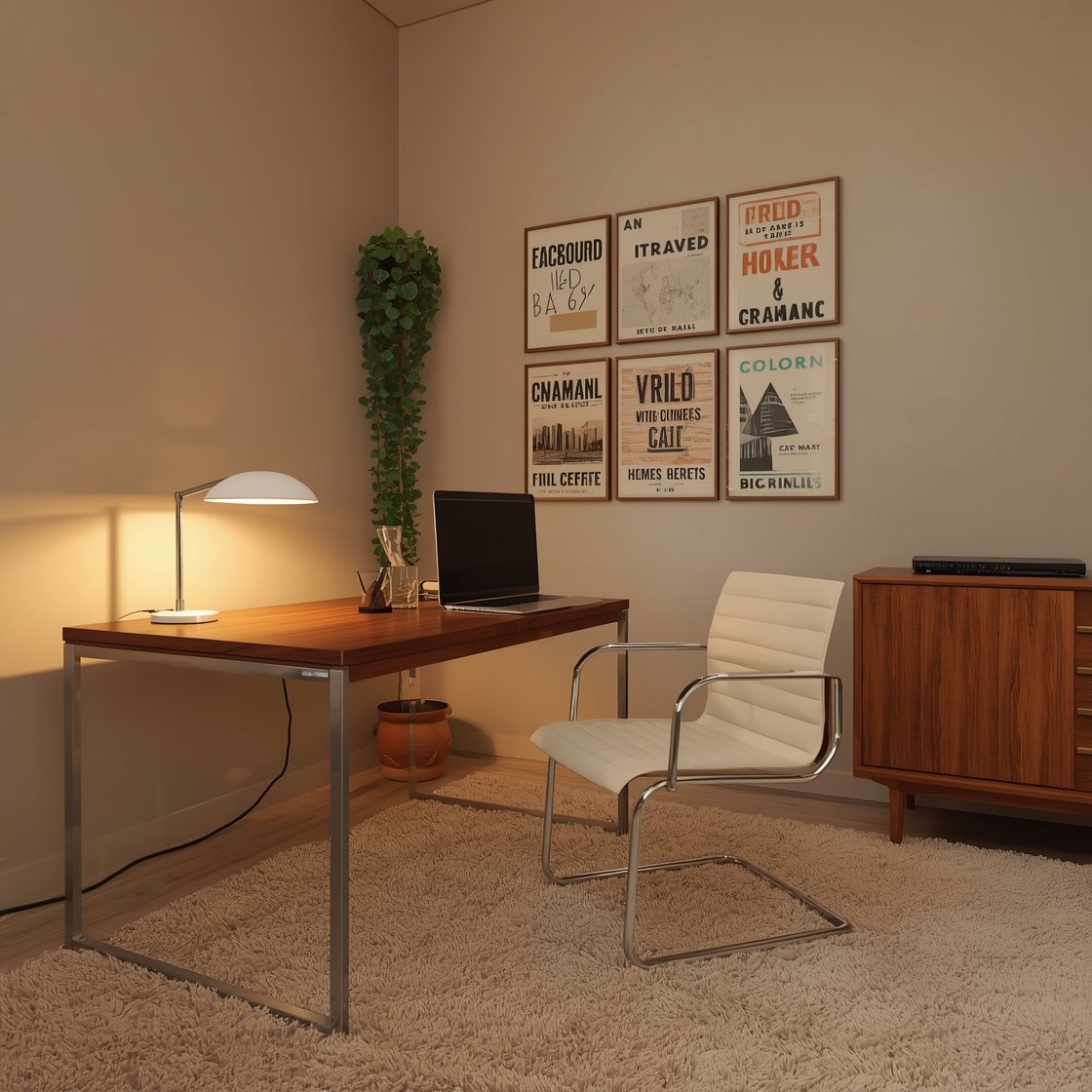 Medium office corner, three-quarter angle: Polished 70s studio office with a rosewood Parsons desk and a cantilever chrome chair; walls painted soft putty; modern grid gallery of vintage travel posters; low cream shag rug; mushroom lamp on the desk; walnut credenza along one wall; minimal visible tech with hidden cords; a single trailing pothos softening the lines; warm ambient task lighting, photorealistic.