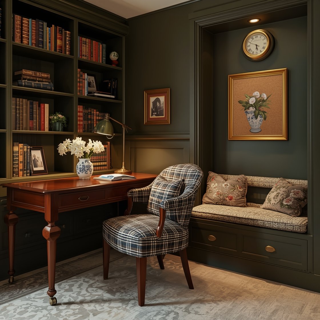 Medium office vignette, angled view: moody olive walls; mahogany desk with turned legs; button-tufted plaid armchair on casters; built-in bookcases filled with leather-bound classics and framed family photos; porcelain vase of peonies on the desk; vintage barometer and a small cork board wrapped in floral fabric on wall; quilted window seat cushion and needlepoint seat pad; green glass banker’s lamp emitting warm library glow; sleek monitor arm and tidy cord management for modern balance; soft, focused task lighting with gentle shadows; photorealistic, no people.