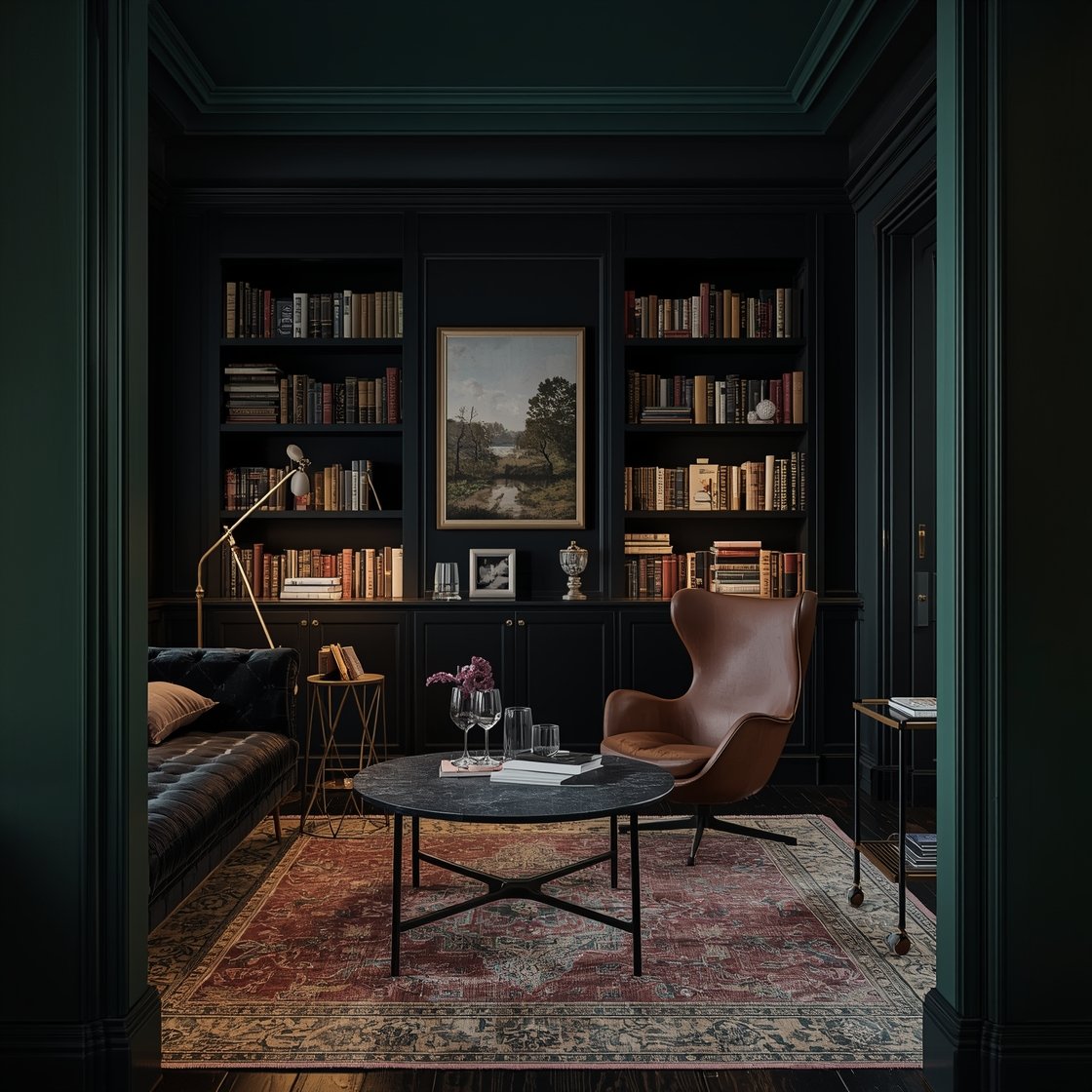 Medium reading nook, moody: A near-black green painted library—walls, shelves, and trim unified; charcoal velvet tuxedo sofa with a vintage leather wingback chair; modern blackened steel table with a thin stone top; layered faded Turkish rug; oil landscapes with brass picture lights; a rolling ladder along the shelves and a small drinks trolley; low, intimate lighting with warm highlights, photorealistic.