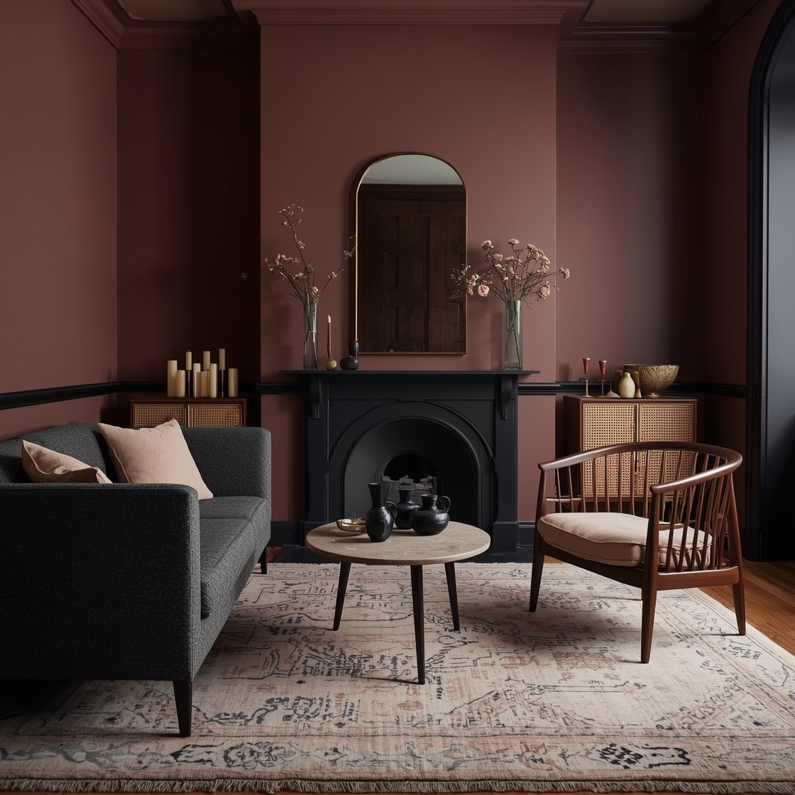 Medium shot, angled from a corner: Smoky Rose Parlour with walls in smoky mauve and a matte black picture rail wrapping the room. A low-profile charcoal tweed sofa pairs with two cherrywood spindle chairs upholstered in dusty rose linen. Centered oval travertine coffee table on a faded blush-and-ink Turkish rug with threadbare charm. Matte black fireplace with a skinny brass mirror above and clusters of beeswax tapers in mixed heights. Cane-front sideboard with rounded MCM legs, bud vases with wild roses, black ceramic pitchers, and a bowl of pears. Soft candlelit ambiance, moody-romantic, photorealistic.