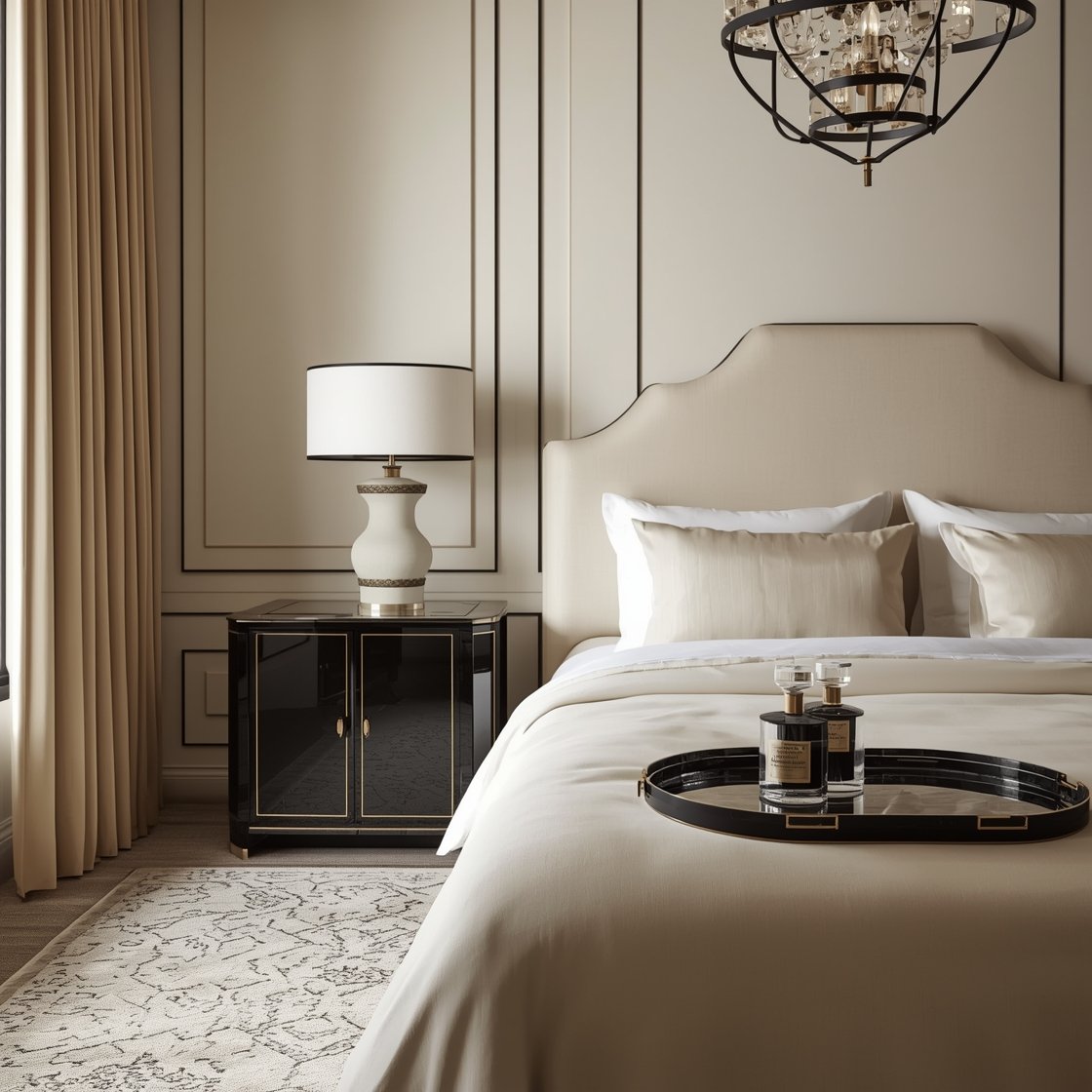 Medium shot — Art Deco Glam with an Edge: A cream velvet scalloped-edge bed set against a cream panel feature wall with thin black inlay lines. Black lacquer furniture with rounded corners and brass trim, topped by a tiered glass chandelier with black metalwork. Cream satin pillows on the bed, a black faux-shagreen tray on a nightstand. Cream rug with a geometric black pattern underfoot, mirrored tray with vintage-style perfume bottles catching warm glam light. Slight corner angle.