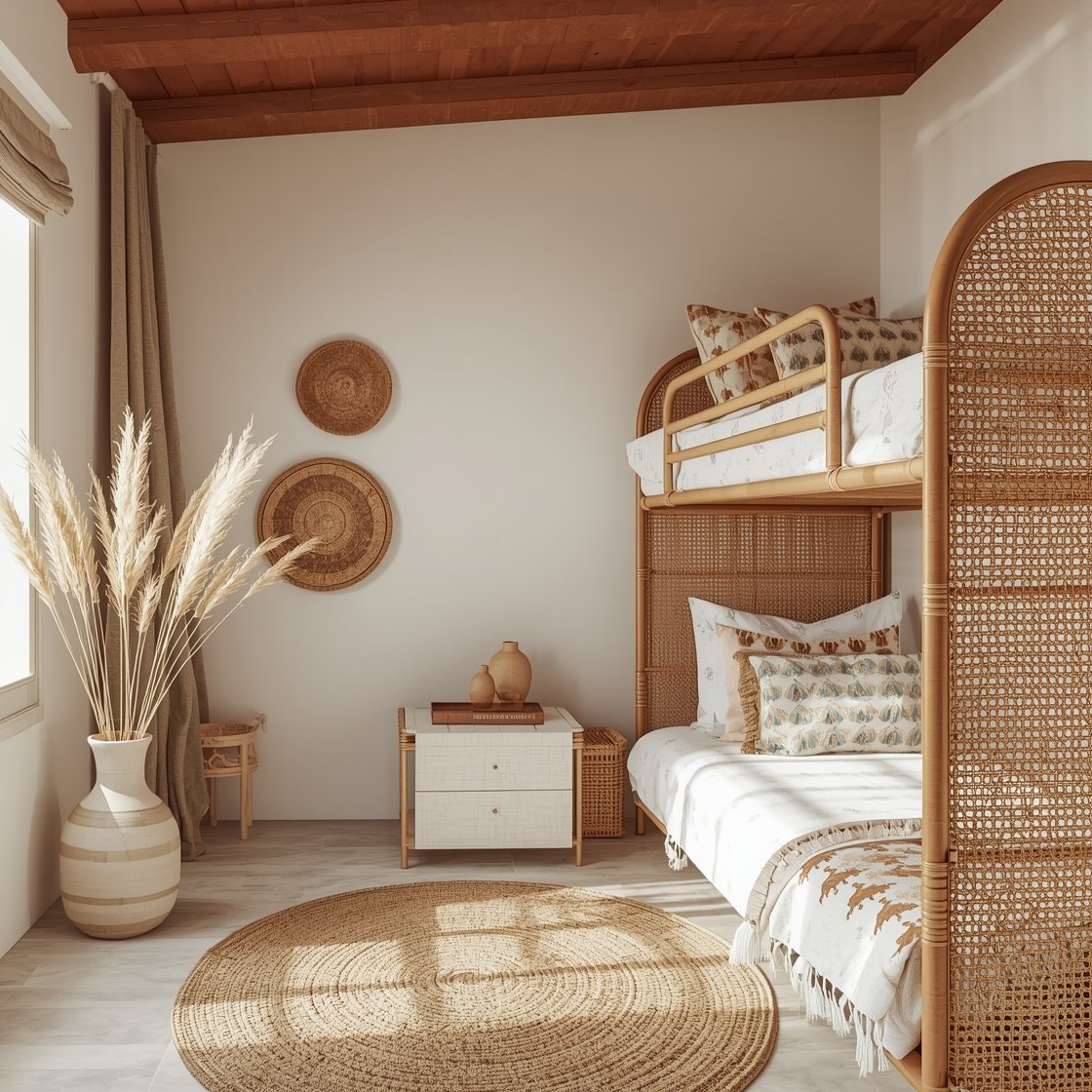 Medium shot, boho bungalow bunks with rattan accents: white walls, pale terracotta ceiling, bunks wrapped in rattan caning panels, lower bunk styled as a daybed with a long back cushion, upper bunk with a curved rail; layered block-printed quilts, tasseled pillows, jute rug with braided border; woven wall baskets, pampas grass in a vase, ceramic table lamps on a small side table; sunlit, airy, textured.