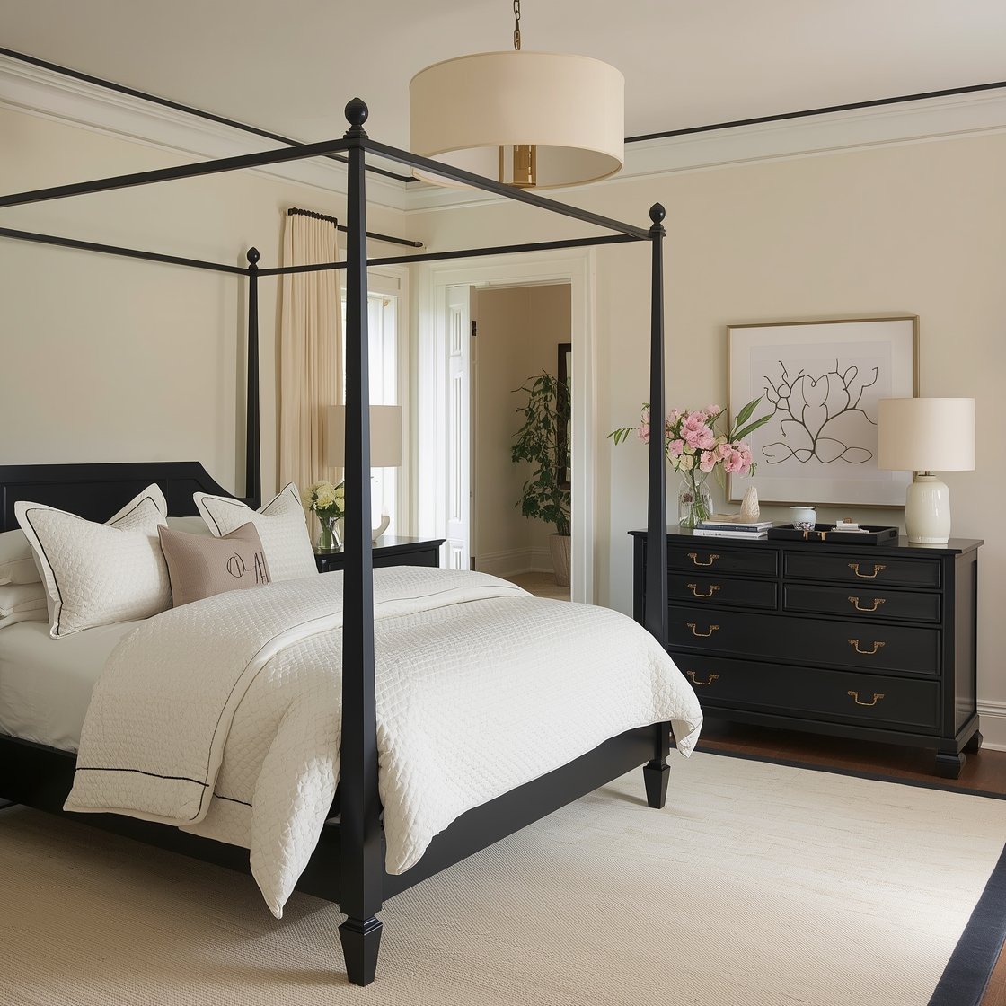 Medium shot — Classic Tailored Neutrals: Buttery cream walls with sharp black crown and base trim. A black four-poster bed with slim posts and refined finials dressed in a cream matelassé coverlet, percale sheets with subtle black stitch, and monogrammed shams. A black campaign dresser with brass hardware, cream drum shade chandelier suspended by a black chain above. Cream rug bordered by a thin black line, a black leather valet tray and a cream ceramic vase styled on the dresser. Balanced, timeless lighting.