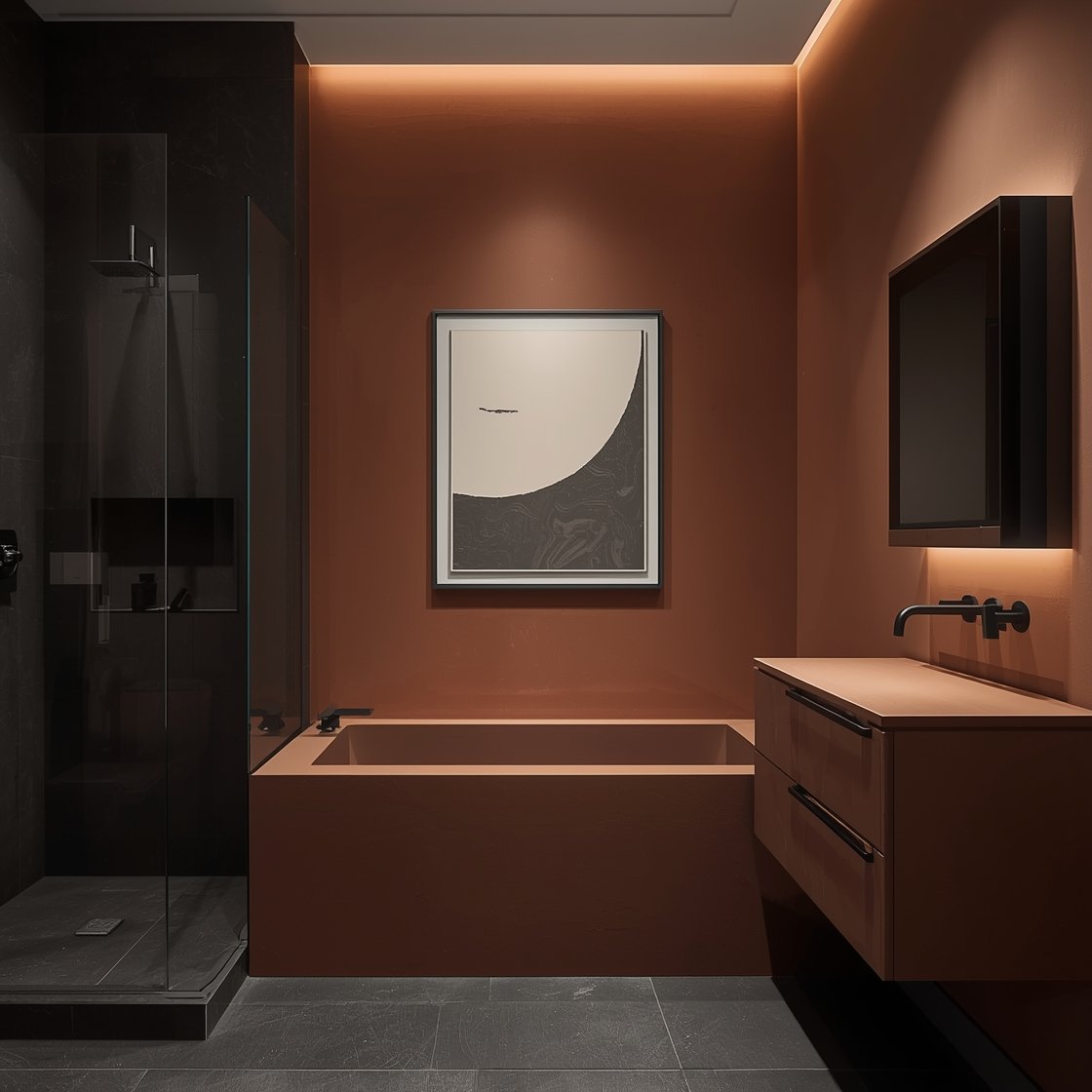 Medium shot, Clay and Charcoal with Gallery Glow: A dramatic minimalist bath corner with smoky matte terracotta walls meeting a charcoal microcement floor, a built-in minimal square tub wrapped in charcoal like a monolith, thin black steel-framed shower glass and matching medicine cabinet, matte black wall mixers and handheld shower, hidden niche with charcoal backing displaying sleek product lines, and a single oversized abstract print in cream and graphite; micro spotlights grazing the wall to create a velvet-like terracotta glow; crisp, gallery-like ambiance.