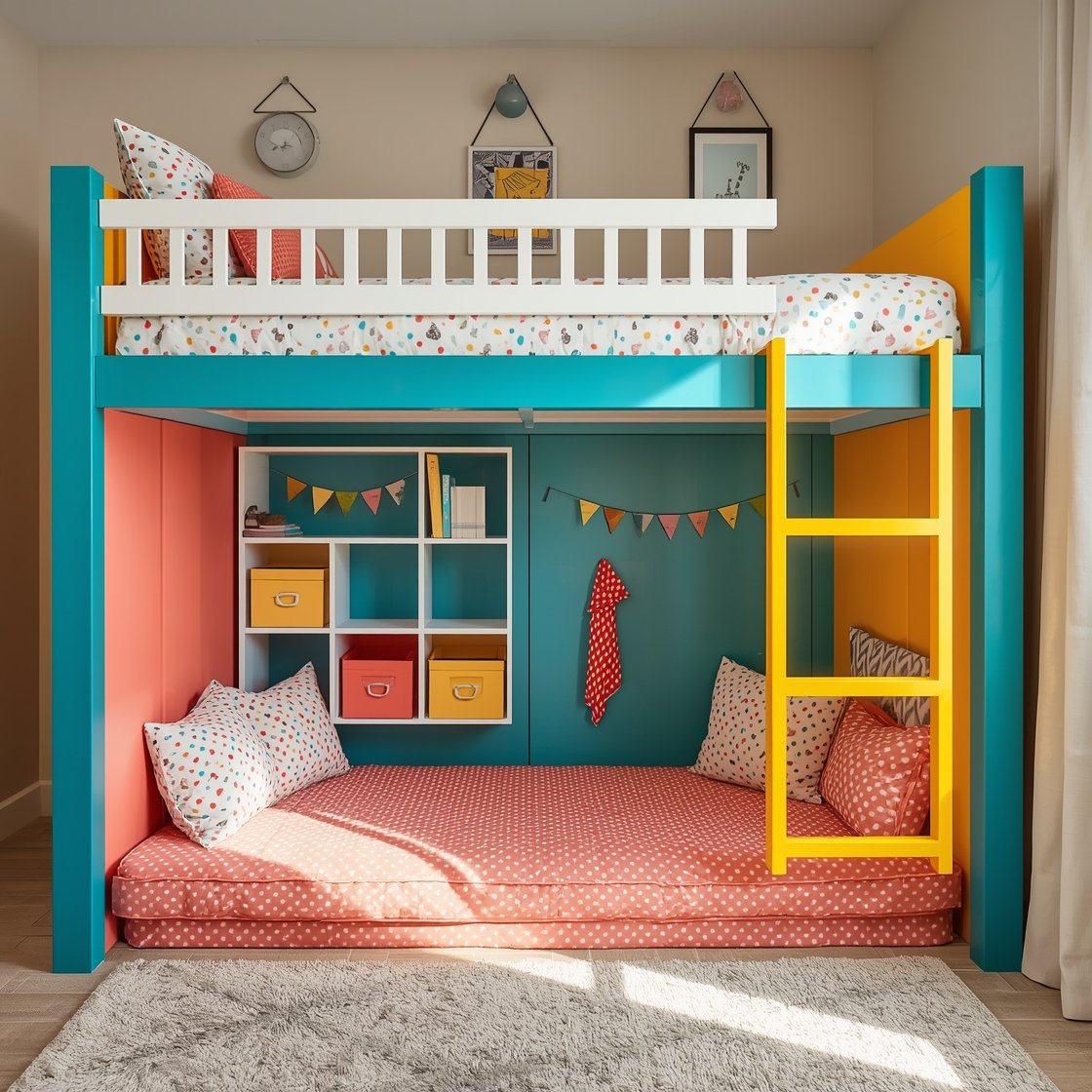 Medium shot, color-blocked kids’ platform bunk seen straight-on: high platform bunk with bold color blocks—teal framing, sunny yellow ladder, coral trim—full white safety rail on the top bunk, playful polka dot bedding tying the colors together; under-bunk secret play zone featuring a tiny chalkboard wall, floor cushions, cube shelves with fabric bins, wall hooks at kid height; felt pennant garland, animal prints, and a cork board; bright, cheerful daylight.