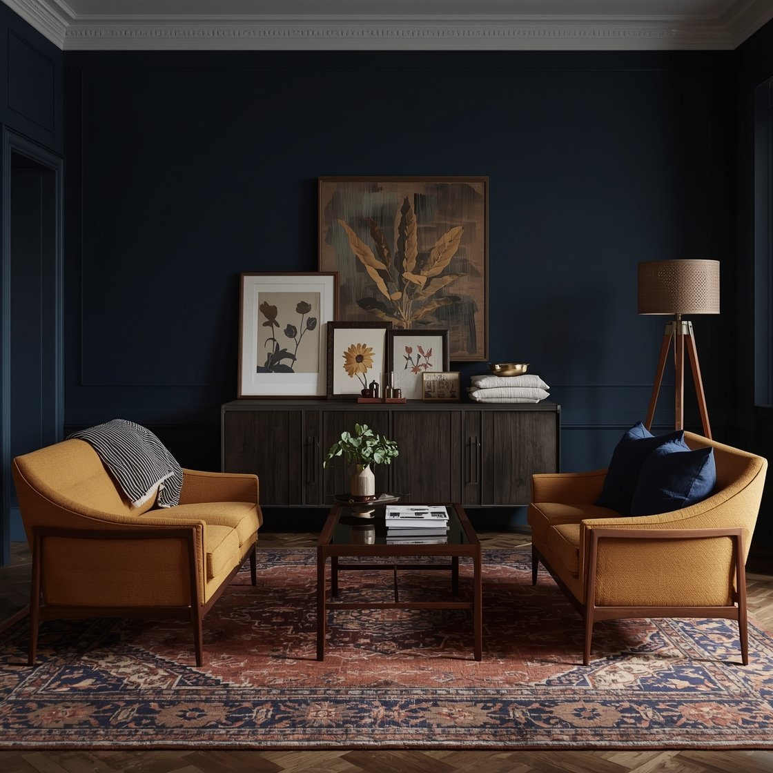 Medium shot, conversation grouping: Amber & Ink Conversation Den with deep ink-blue walls. A tight-backed mustard bouclé sofa faces two sleek walnut armchairs with leather sling seats. A smoked glass coffee table hovers over a low-pile rug in rust and navy. Along the back wall, a long vintage credenza anchors an art ledge with botanical prints, a moody still life, and an abstract featuring mustard strokes. Textiles include an indigo throw, linen pinstripe pillows, and a folded block-printed quilt. Tripod floor lamp with a perforated brass shade casts patterned shadows. Warm, intimate evening lighting, photorealistic.