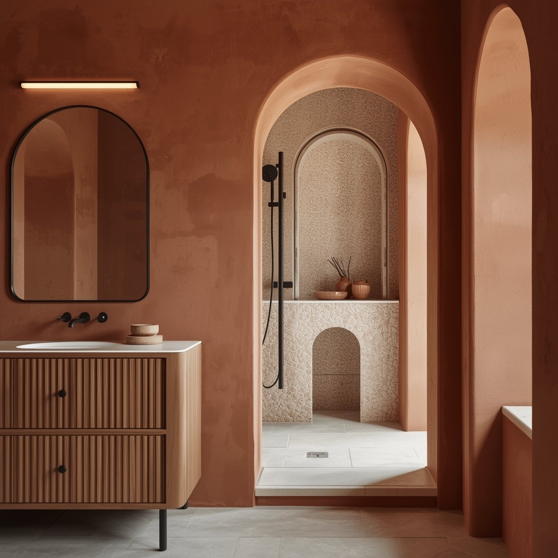 Medium shot focusing on warmth and curves: terracotta-clay limewashed walls with subtle tonal shifts, a walnut vanity with fluted drawer fronts, and a tall arched mirror in black metal above. In the shower background, a built-in arched niche finished in artisan white zellige with gentle shimmer. Black pin-style handles and a crisp black shower set. Pale greige porcelain floor in a tight 2x2 grid. Dimmable linear LED above the mirror for a warm glow; minimal decor of stacked stoneware trays and a clay incense holder. Cozy, curated, photorealistic.