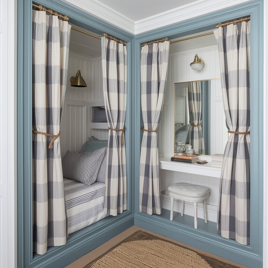 Medium shot from a corner angle of a compact coastal bunk wall with two stacked sleeping pods framed in sea glass blue, white beadboard backing, each pod closed partly by striped canvas privacy curtains in soft navy and ivory; inside each pod a rope-wrapped sconce, a tiny shelf with a book, breezy seersucker bedding; brushed brass curtain rods and ladder hooks gleam; a woven jute runner stretches lengthwise; include a slim wall-mounted desk doubling as a vanity with simple stool; sunlit, airy beach-house mood.