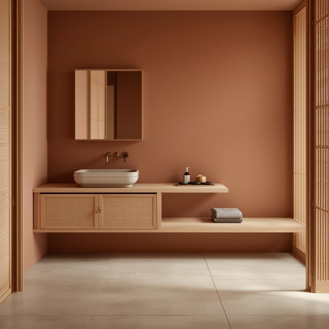 Medium shot, Japandi Calm with Clay and Cane: A tranquil scene with dusty terracotta walls, a rift-cut oak vanity featuring cane-panel doors, a rectangular soaking tub set on a platform of pale oak slats with a small step that doubles as a perch, a slim oak-framed mirror above a narrow wall-length ledge neatly arranged with essentials; warm brushed bronze fixtures with gentle curves, large-format porcelain flooring in pale clay with minimal grout, and accents including a stone tray with hinoki oil, black river stones, and folded linen; soft, even lighting emphasizing warm wood and cane textures.