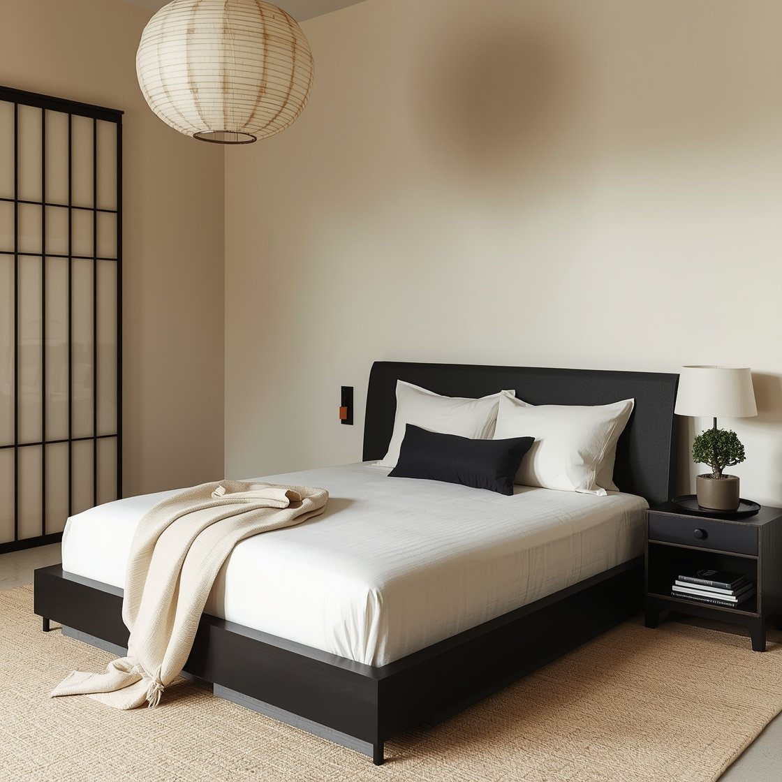 Medium shot — Japandi Zen Retreat: A low-profile black platform bed with rounded corners against warm cream plaster walls, a shoji-style screen as subtle headboard backdrop. Bedding is crisp: cream percale sheets, a lightweight gauze blanket, and a single black linen lumbar pillow. Blackened wood nightstand with a matte ivory stoneware table lamp, a simple bonsai on a black tray. Nubby cream jute rug underfoot, paper lantern pendant above diffusing soft light. Corner angle for serene minimal composition.