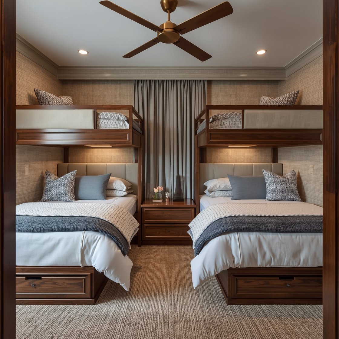 Medium shot, luxurious focus: Queen-over-queen bunks framed in stained walnut with upholstered headboards; integrated nightstands at the head of each lower bed and niche cubbies with outlets for the uppers. Behind the bunks, a textured grasscloth wallcovering in warm gray; layered linen drapery softens the scene. A plush area rug underfoot and a matte brass ceiling fan overhead. Palette of walnut, dove gray, ivory, with a hint of slate blue in accents. Bedding shows hotel-weight duvets, piped shams, oversized knit throws; wireless chargers visible, with a discrete sound machine drawer and labeled luggage racks nearby. Evening ambient light, photorealistic.