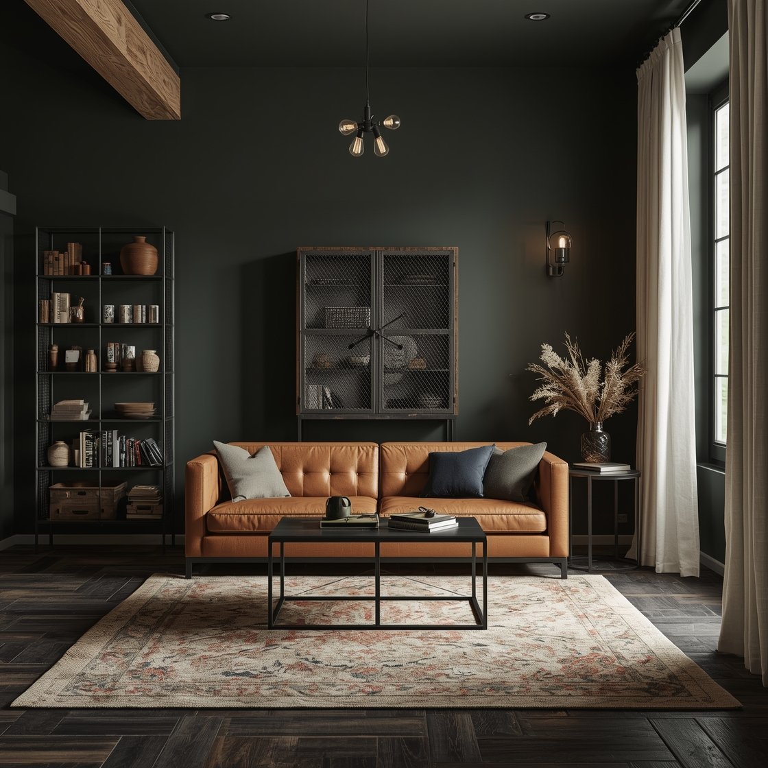 Medium shot, Moody Barnhouse With Industrial Edge: walls painted deep slate/inky green creating a cozy atmosphere; a cognac leather sofa facing a black iron coffee table; a tall cabinet with mesh doors showcasing stoneware and books; weathered wood elements and steel details throughout; Edison-bulb sconces on the wall and a vintage factory clock as focal decor; dark-stained plank flooring layered with a patterned wool rug; contrast from crisp white linen curtains softening shadows; low, moody lighting with warm highlights, photorealistic, no people.