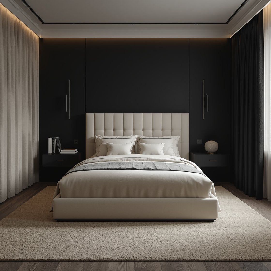 Medium shot — Moody Minimal Luxe: A fully upholstered cream bed with squared edges set between a soft black headboard wall and warm velvety cream side walls. Built-in black ledge nightstands hold two art books and a single stone sculpture, with slender black sconces mounted above. Thick cream wool rug giving a wall-to-wall feel, heavy black drapes on a hidden track framing the window. Minimal brushed nickel accents catch restrained, hotel-like ambient lighting.