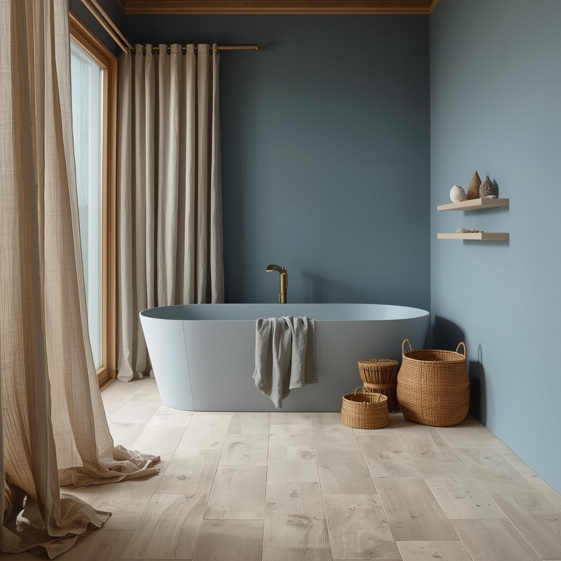 Medium shot, seaside hinoki retreat: straight-sided hinoki tub centered against blue-grey clay walls that resemble sea mist, sand-colored porcelain plank flooring running lengthwise, a soft linen curtain on a brass rod, woven rattan baskets, a driftwood stool, tiny shelf with seashells; palette of sea-fog blues, pale sand, warm hinoki, brushed brass accents; breezy daylight.
