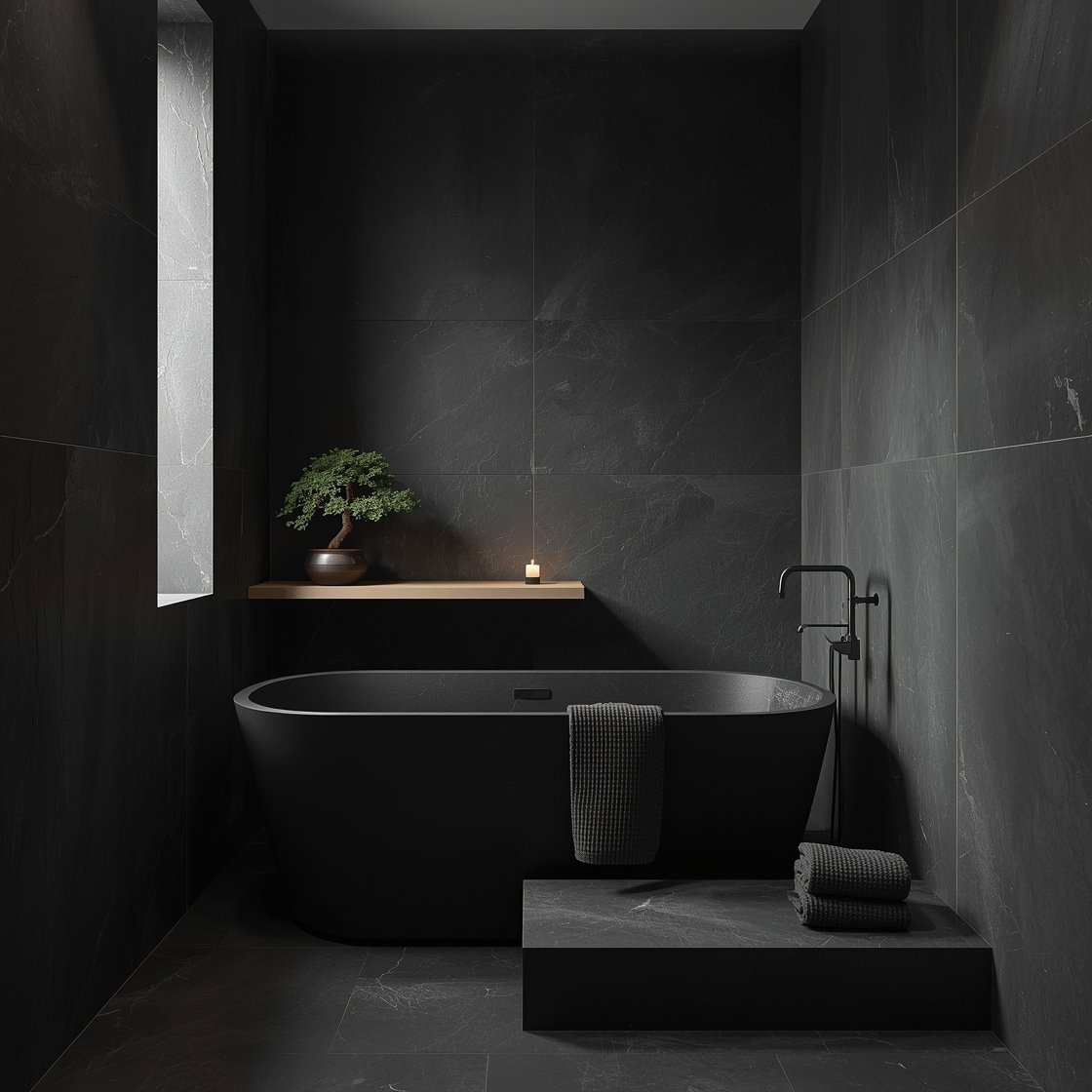 Medium shot, stone sanctuary: a honed black slate bathtub with straight architectural edges and a sunken step, matching soft-charcoal slate floors and walls for a cocooning effect, a small bonsai on a floating oak shelf, one slim vertical window washing light over the tub, brushed nickel fixtures, charcoal waffle towels, a single tea light near the edge; quiet drama, subdued lighting.