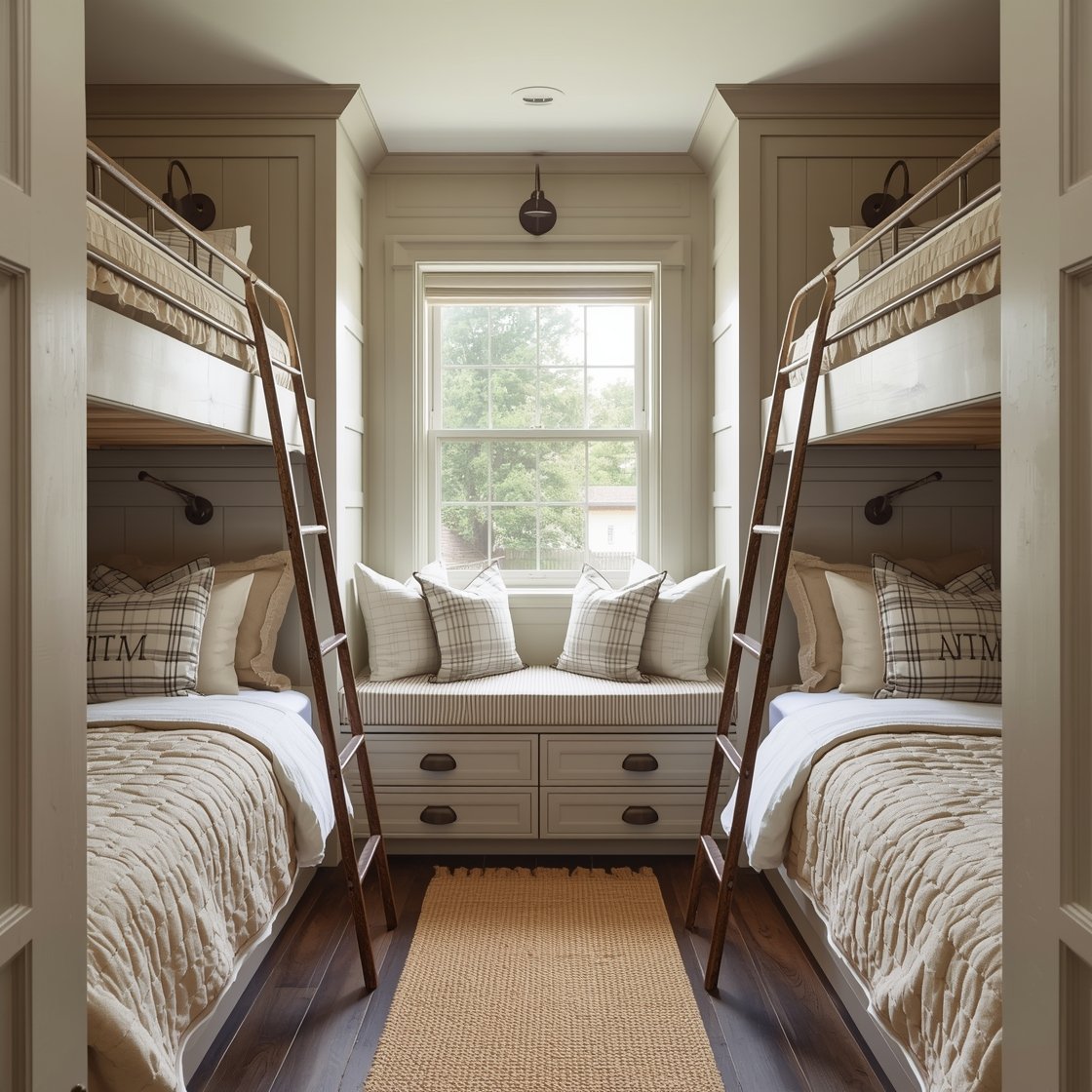 Medium shot, straight-on: Farmhouse built-ins with shaker-style trim painted mushroom taupe, connected by a rolling library ladder on an aged-brass rail. Beadboard headboards with a small shelf ledge at each bed for books and a water glass. Between the bunks, a window seat with built-in drawers and a tufted ticking-stripe cushion; above, black industrial sconces provide a crisp vintage note. Bedding shows quilted coverlets in oatmeal, plaid throw blankets, and monogrammed shams. A braided jute runner anchors the center aisle; oil-rubbed bronze hooks line the side. Warm natural daylight, photorealistic.