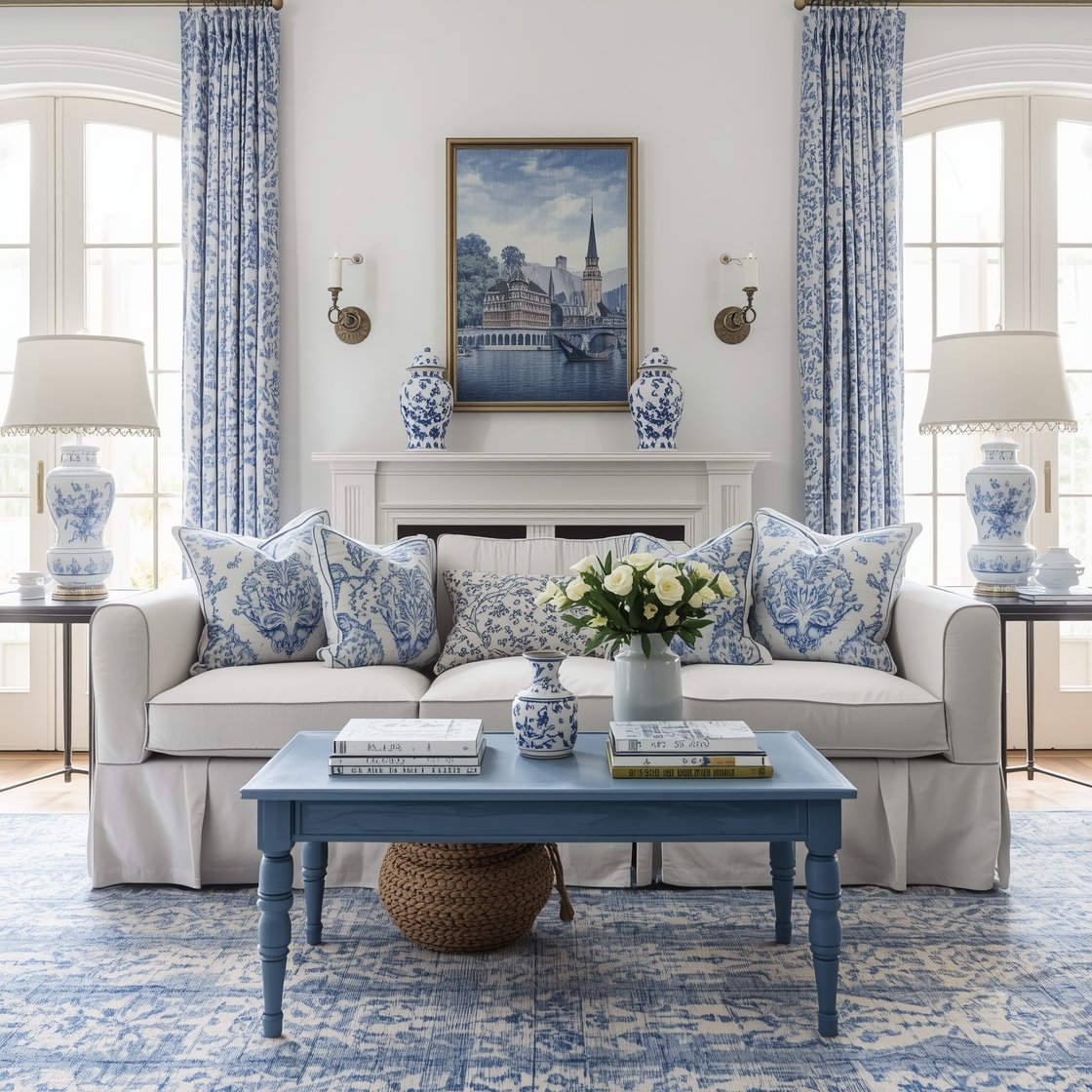 Medium shot, straight-on seating area: A classic blue-and-white Provençal scene with a chalky white backdrop. A skirted sofa with a graceful silhouette is piled with patterned pillows: toile, petite florals, and slender stripes in cobalt and cornflower. A painted Savoy-blue coffee table sits on a blue-and-ivory dhurrie rug. The mantel holds white ceramic ginger jars and vintage blue glass bottles; chinoiserie lamps with scalloped lampshades flank the sofa. Toile drapes frame the windows; finishes include painted wood, porcelain, and brushed nickel. Photorealistic, bright airy daylight.