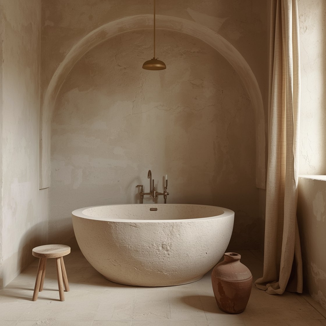 Medium shot, wabi-sabi limestone haven: carved limestone tub with soft rounded edges, hand-troweled imperfect plaster walls in warm ivory, a simple clay jug on the floor, a worn wood stool, an unlacquered brass fixture beginning to patina, a linen curtain lightly pooling; soft, indirect lighting emphasizing texture and age; quiet, contemplative feel.
