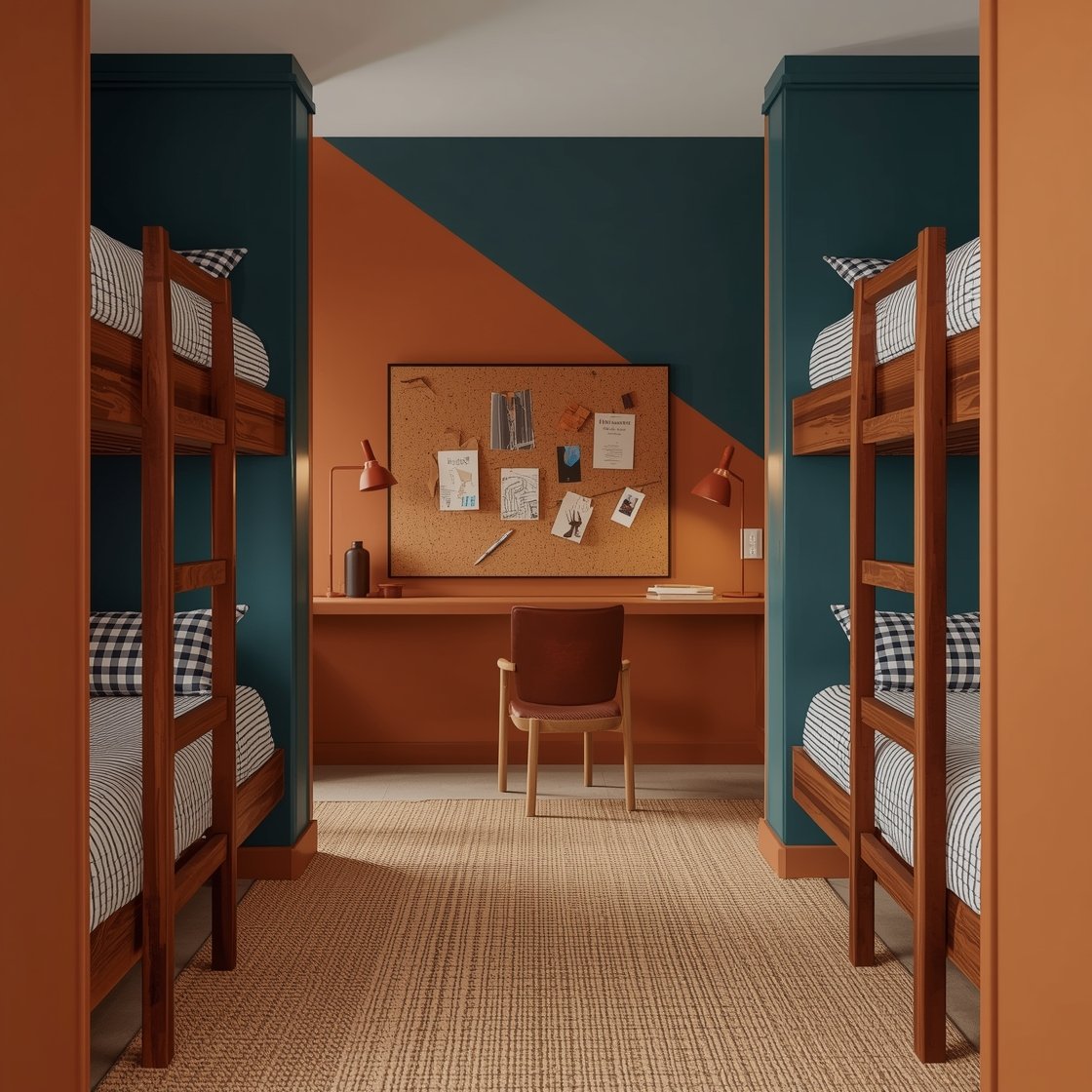 Medium straight-on shot, Color-Blocked Creative Den: Geometric color-blocked bunks and wall panels painted in deep teal, terracotta, and saffron, balanced by warm walnut ladders and neutral linen bedding; pattern play visible in thin striped sheets and small-scale check pillows, with a cork pinboard wall filled with art, notes, and polaroids; fun matte-finish clip-on task lights color-matched to each bunk; flatwoven rug in a simple grid grounding the palette; lively, well-lit, photorealistic.