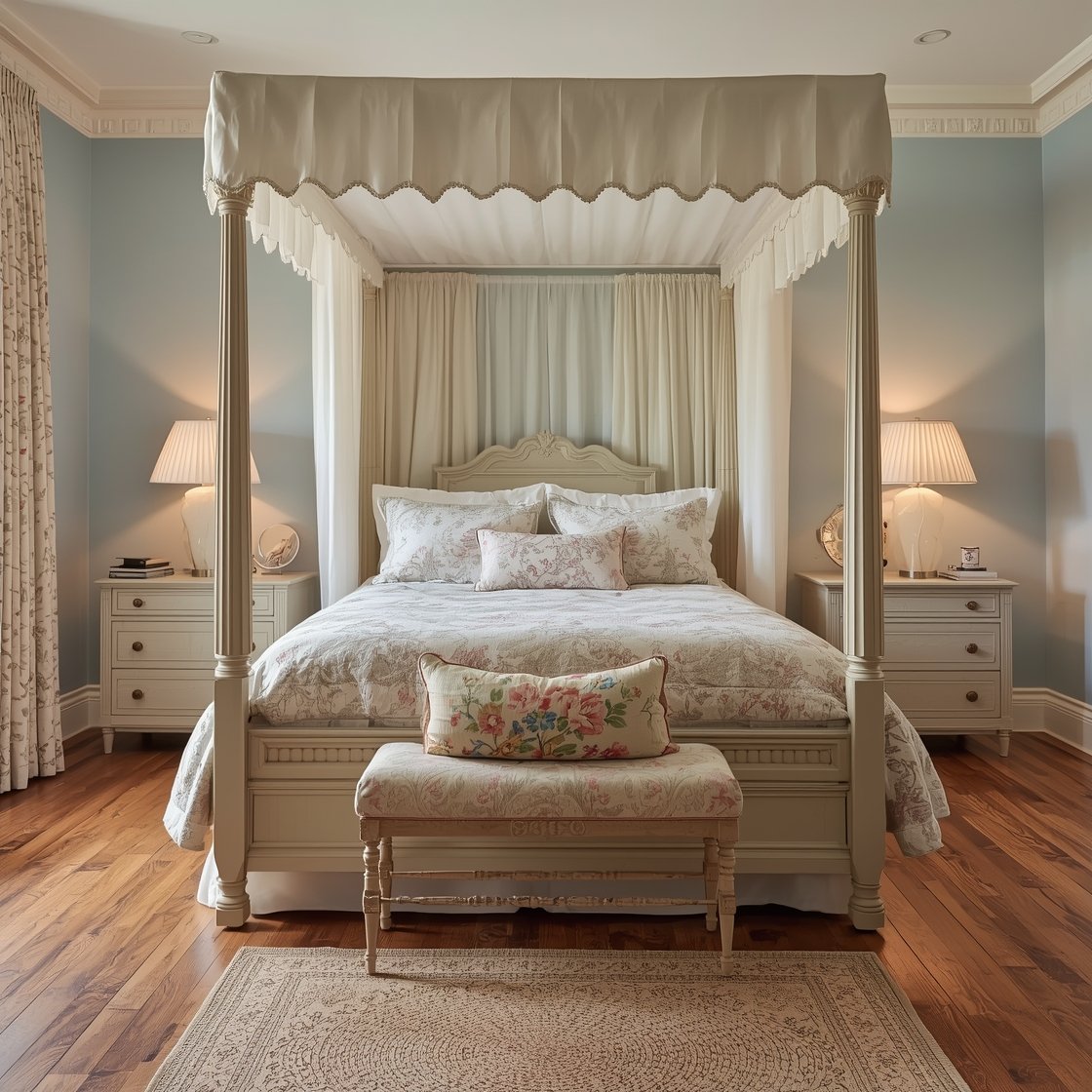Medium straight-on view of an Heirloom Bedroom retreat: four-poster bed draped in a sheer muslin canopy; vintage patchwork quilt layered over crisp white scallop-edged sheets; powder-blue walls with ivory trim; painted antique bedside tables with crystal knobs; pleated floral lamps casting soft glow; needlepoint pillows, lace-trim shams, and a chintz bolster; honeyed wood floors with an oval braided rug at the foot of the bed; minimalist linen drapes and a discreet low-profile smart speaker for modern balance; tranquil, diffused evening light; photorealistic, no people.
