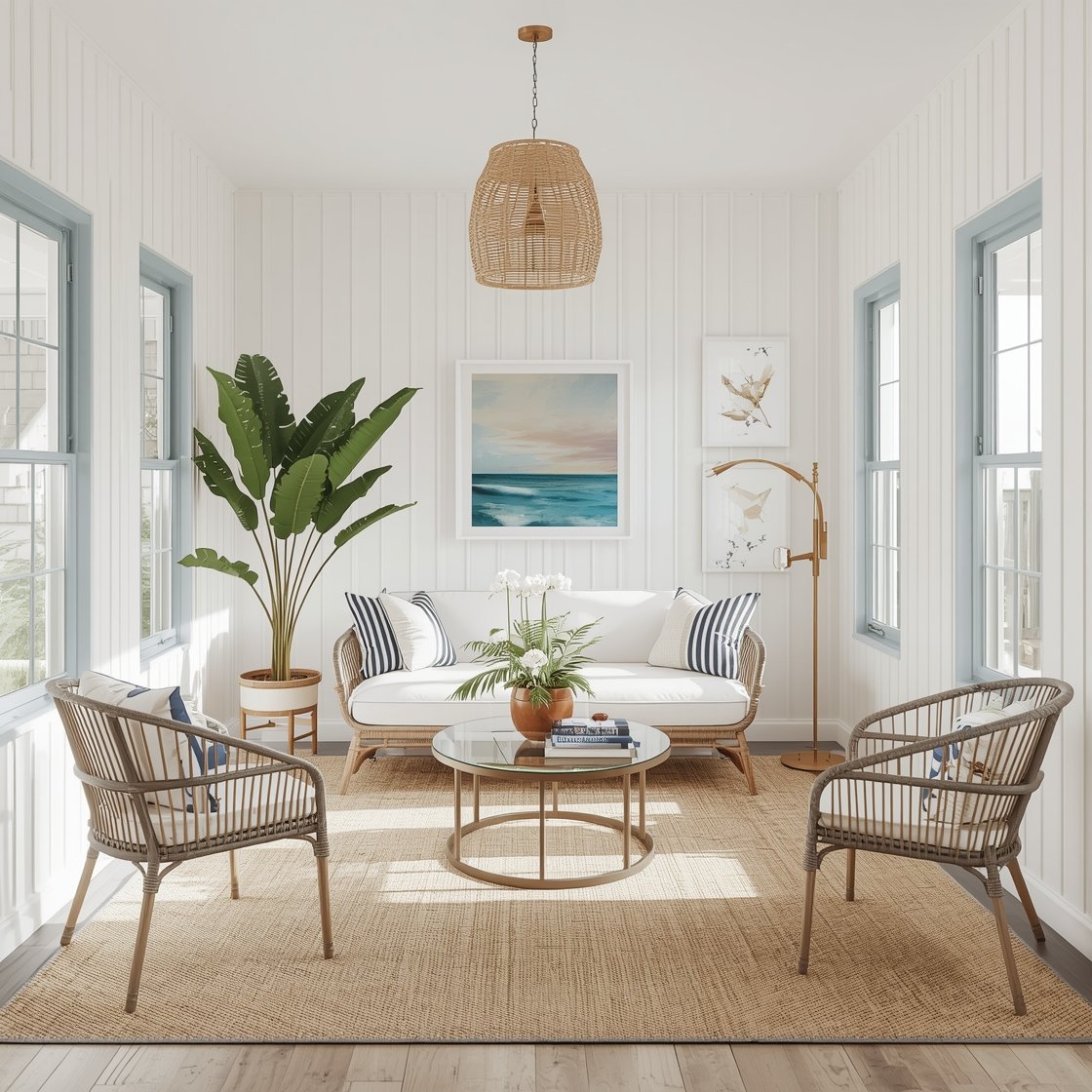Medium sunroom, corner angle: Coastal retro space with white beadboard walls and pale blue window frames; rattan sofa with crisp white cushions; mid-century slat chairs in driftwood gray; sisal rug and a round glass-topped rattan table; coastal art prints, brass porthole mirror, and a hanging basket light; leafy palms and striped navy-and-cream cushions; bright seaside daylight, photorealistic.