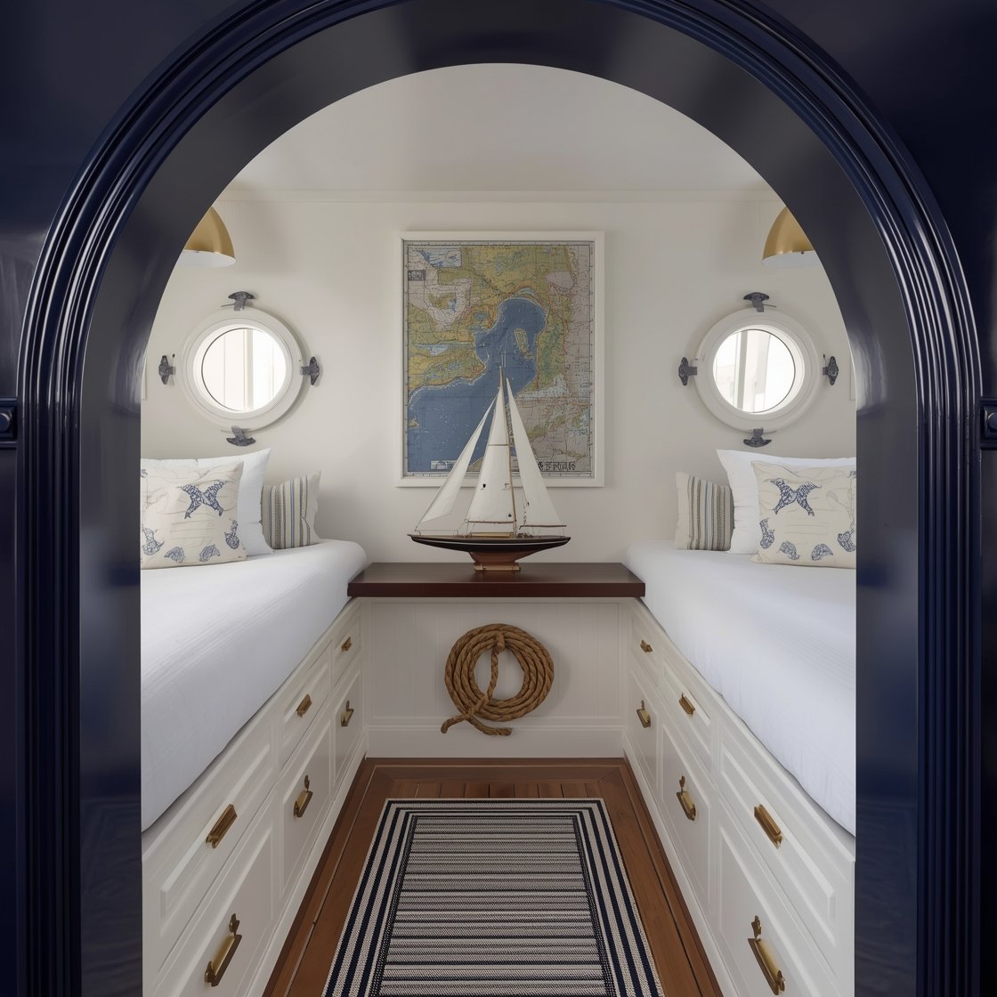 Medium-wide, nautical niche bunks: arched wall niche with twin bunks, porthole-style windows at pillow height, frames in glossy navy lacquer with crisp white trim; rope drawer pulls, brass dome lights, striped runner on the floor; nautical charts on the wall, model sailboat on a cherry wood shelf, braided rope doorstop; clean maritime mood with balanced artificial and natural light.