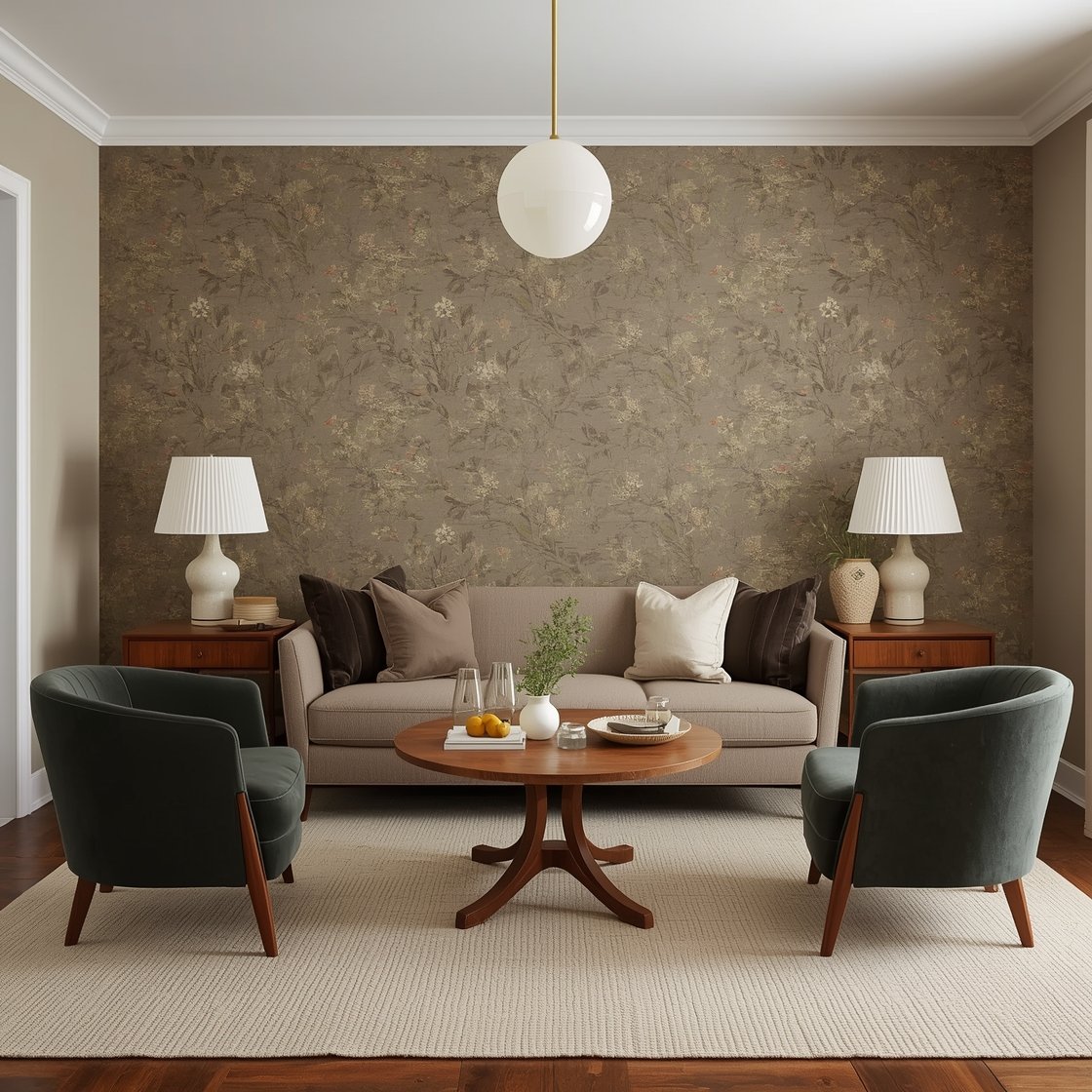 Medium-wide shot, angled toward focal wall: Wildflower & Walnut Gathering Room with a small-scale wildflower wallpaper in deep greens and burnt apricot on the feature wall; remaining walls in mushroom taupe. A walnut-frame sofa in soft taupe faces two barrel-back swivel chairs in forest velvet. A rounded-triangle walnut coffee table with tapered legs sits over a cream wool rug with a subtle grid. Lighting includes an opal globe pendant with brass stem and petite pleated lamps on side tables. Vintage bar cart with cut-glass decanters and jars of dried citrus; accents of botanical herb prints, stacked wicker baskets, and a hand-thrown pitcher of meadow blooms. Bright day energy with gentle shadows, photorealistic.