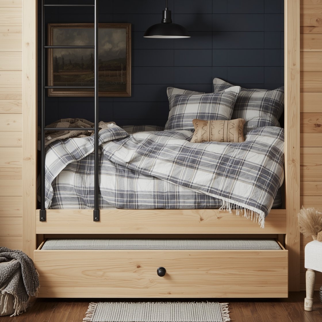 Overhead/detail hybrid, Rustic-Modern Farmhouse Stack: Painted shiplap wall in deep inky blue framing natural white oak bunks; close view of windowpane plaid duvets layered with heavyweight cotton blankets, black metal ladder details referencing barn hardware; slide-out trundle drawer with iron cup pull partially open; surrounding accents include a matte black barn-style pendant above, a vintage landscape painting on the wall, and a hand-loomed runner; texture mix of linen shams, wool throws, and a chunky oak bench edge in frame; warm, cozy light, photorealistic.