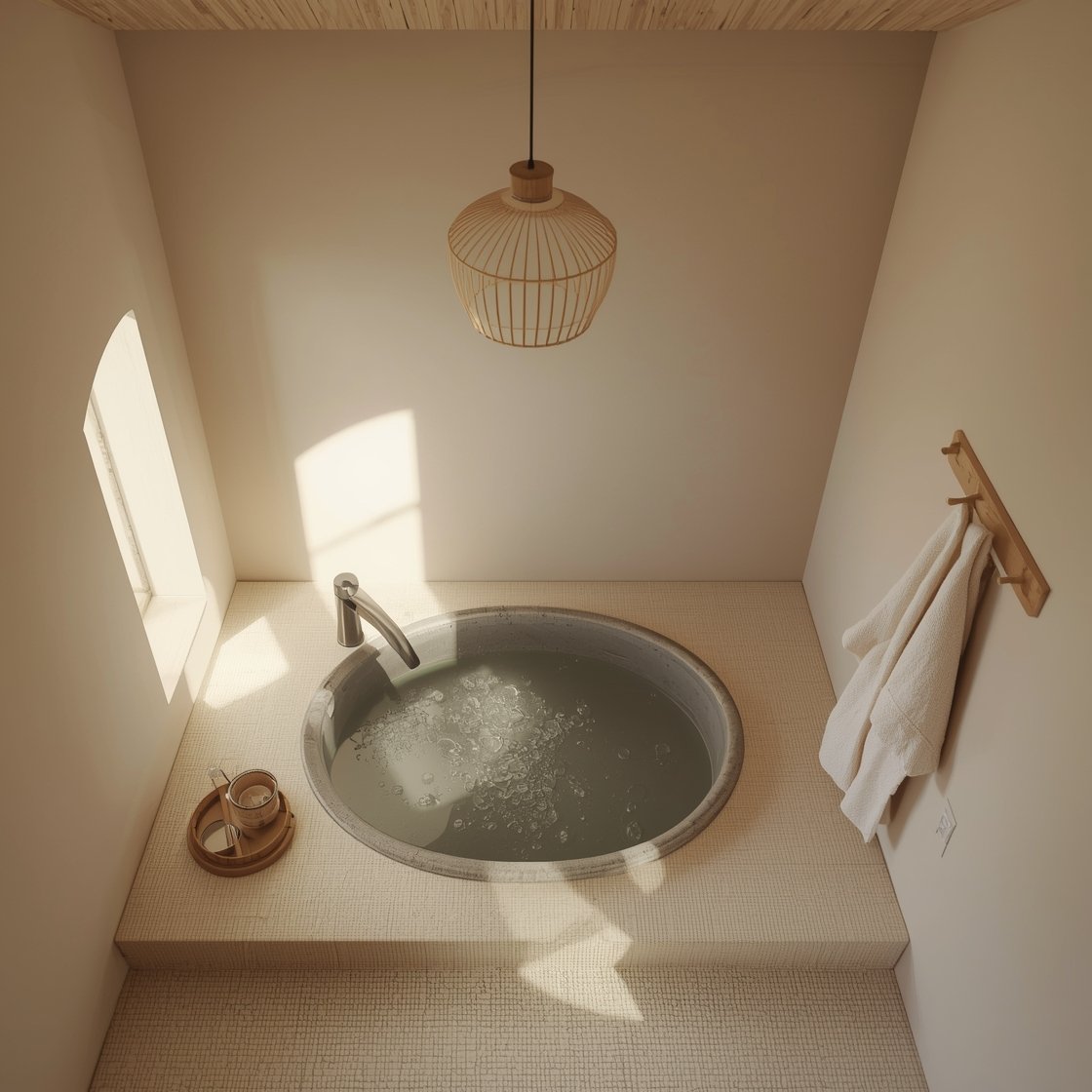 Overhead detail-medium hybrid, tea house soak: tatami-inspired low platform in water-safe material with a rounded cedar tub placed slightly off-center, a stone tsukubai-style wash basin with a bamboo ladle beside it, soft beige walls, pale pine ceiling, delicate rice paper pendant casting gentle light, a small tea tray, cotton gauze towels, wood hook rail with a single robe; serene, ritual-focused mood.