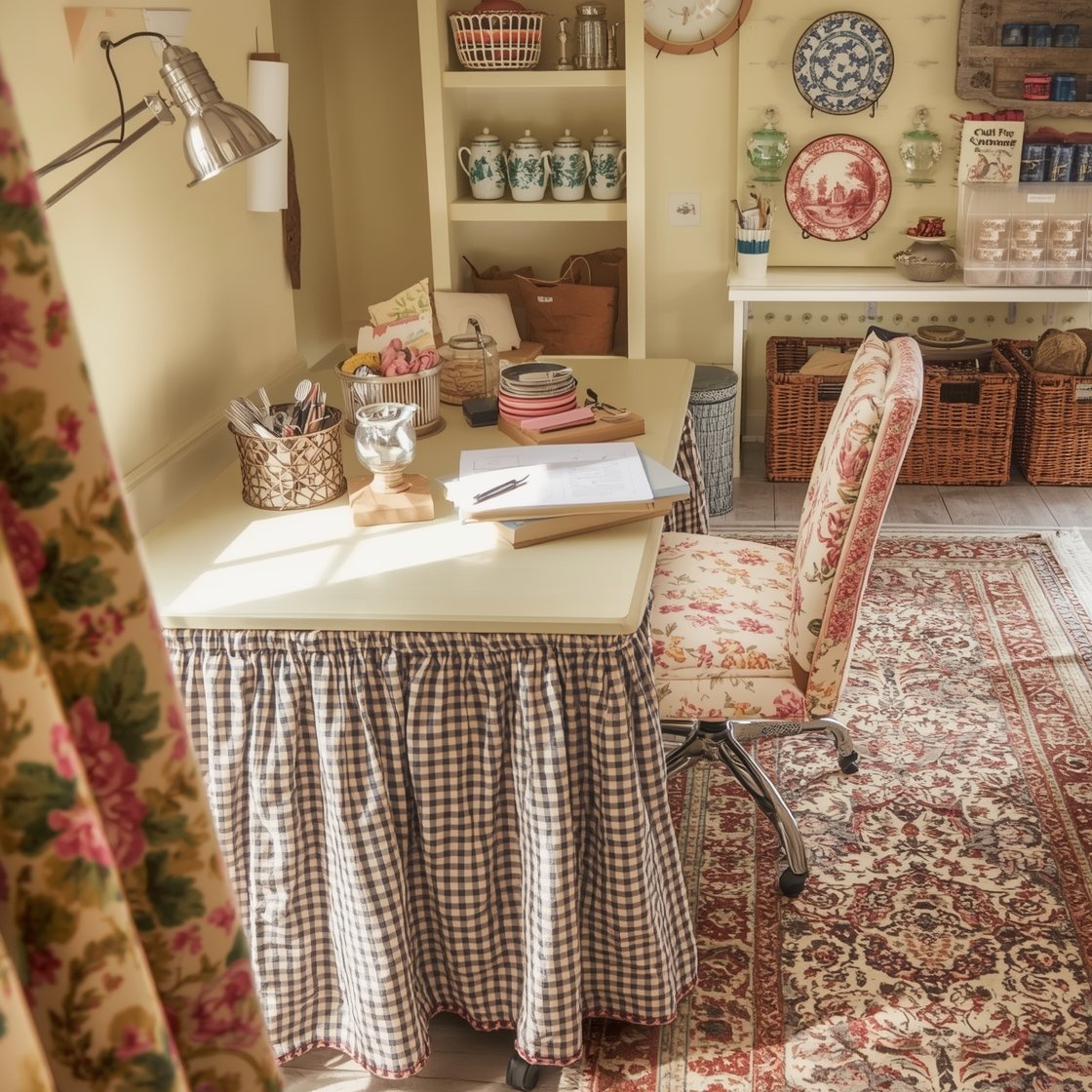 Overhead detail shot of a Cozy Craft-and-Tea Den work surface: painted trestle table skirted in gingham concealing rolling bins (skirt edge visible); fabric-shaded pendant with scalloped trim casting soft, even light; task lamp side-glow; snippets of cabbage-rose chintz from nearby slipper chairs at frame edge; plate display of vintage transferware partially visible on wall; peg rails with baskets for yarn, ribbons, and shears; worn-look Persian runner pattern crossing the floor edge; soft lemon wall background; clear acrylic drawers with neatly organized craft supplies for modern balance; photorealistic, no people.